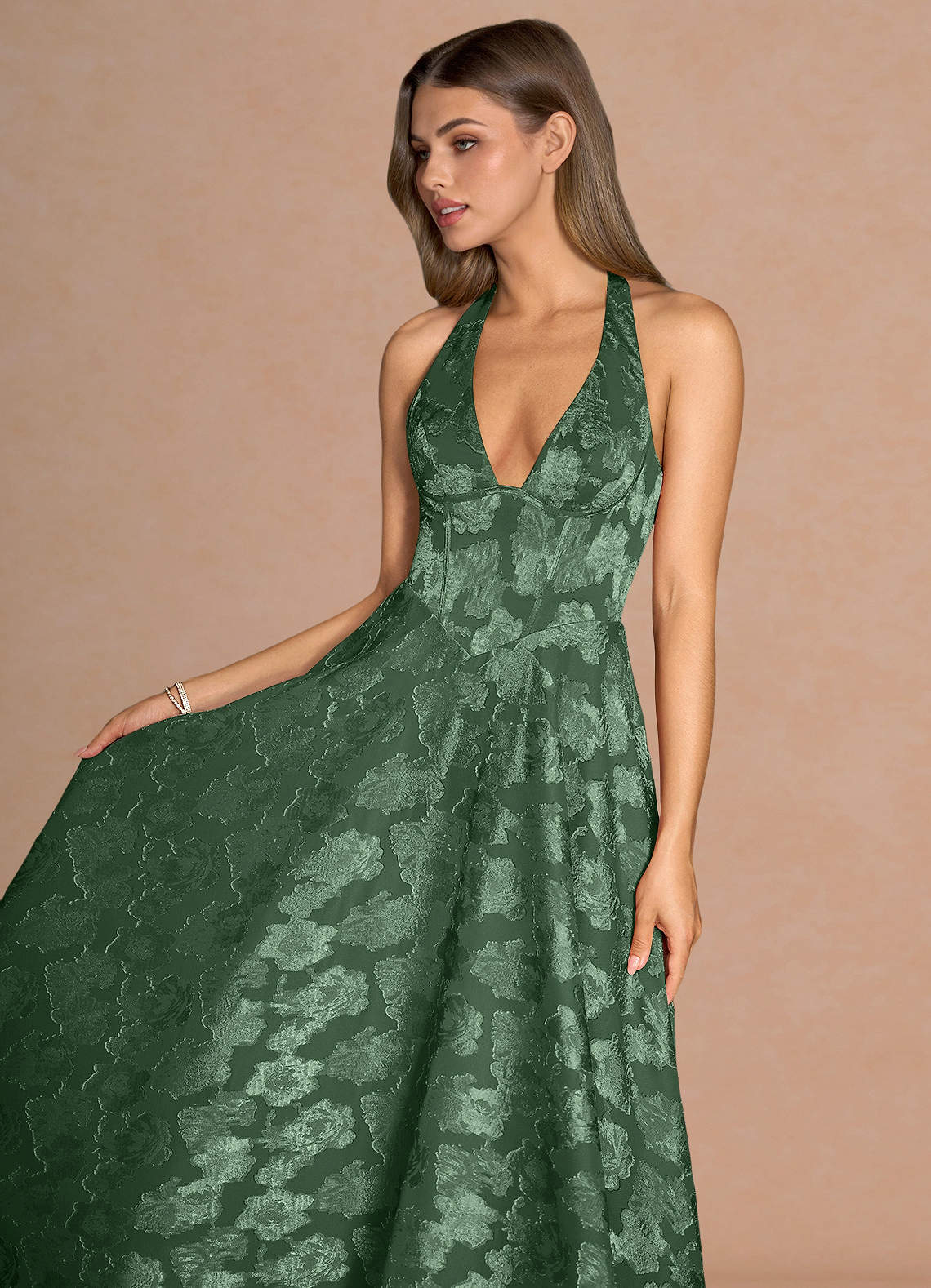 Isabeau A-Line V-Neck Fil Coupé Evening Dress in Eucalyptus