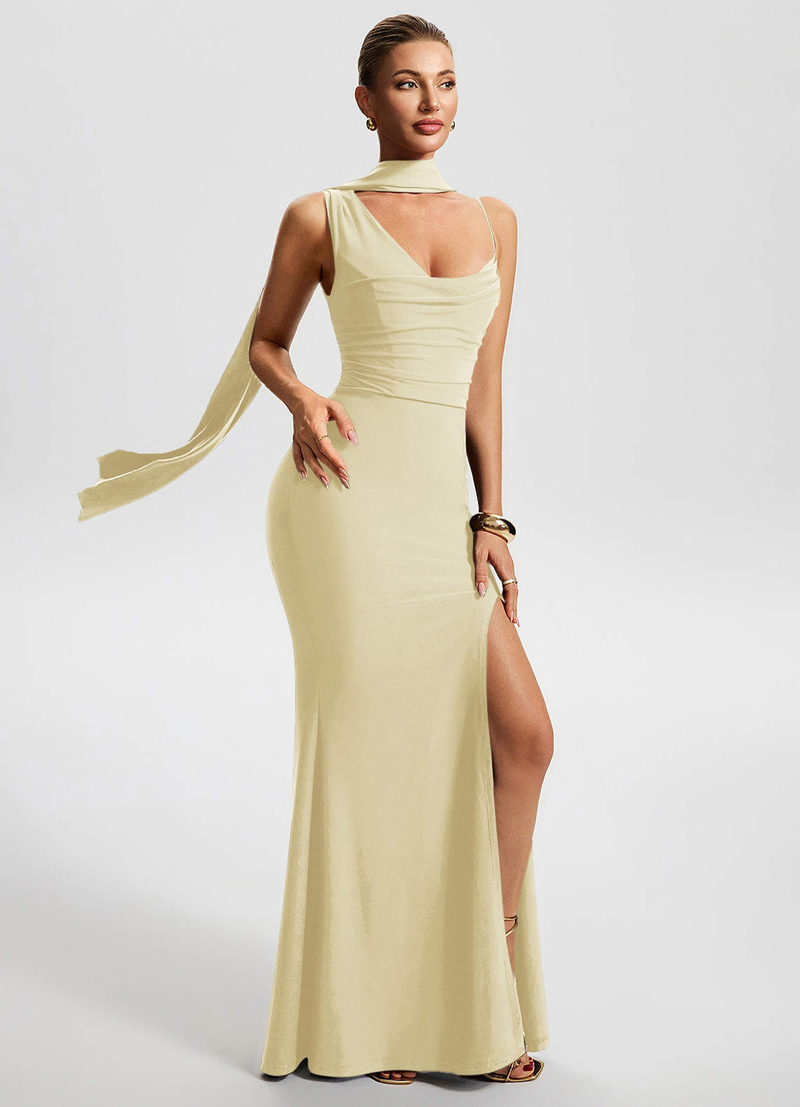 Freya Mermaid Cowl-Neck Stretch Jersey Evening Dress in Lemon Sorbet