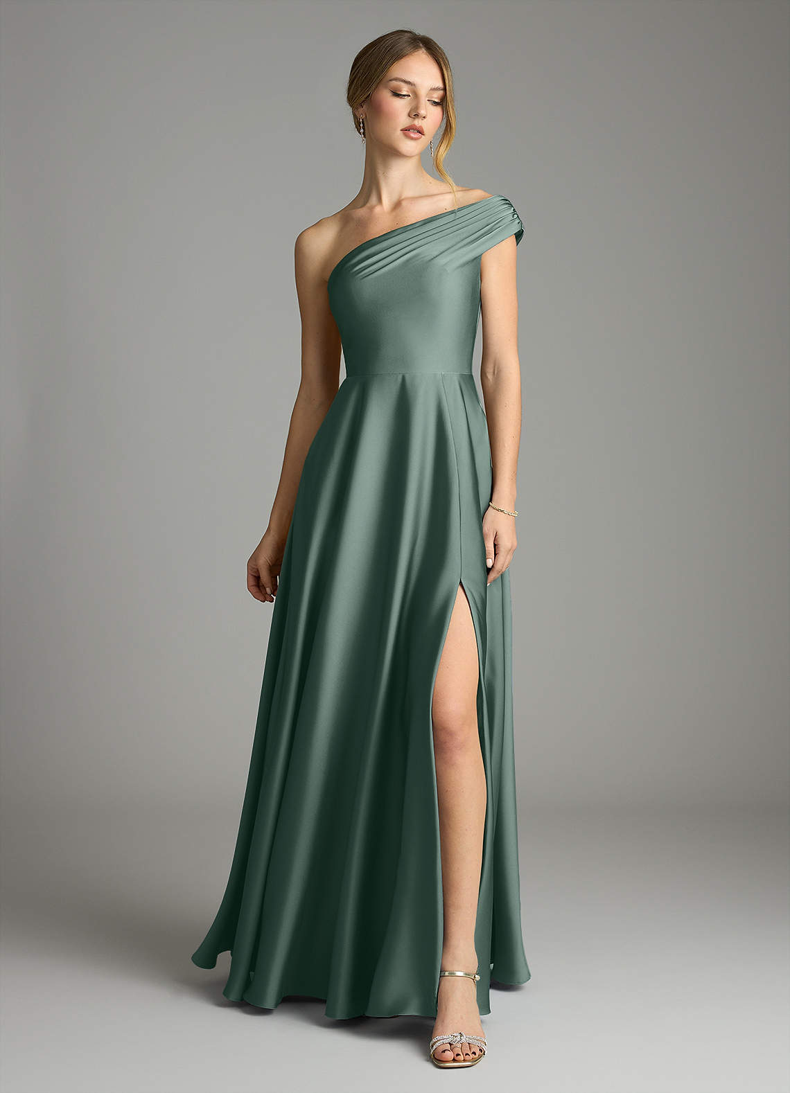 Melanie A-Line One-Shoulder Stretch Satin Bridesmaid Dress in Sea Moss