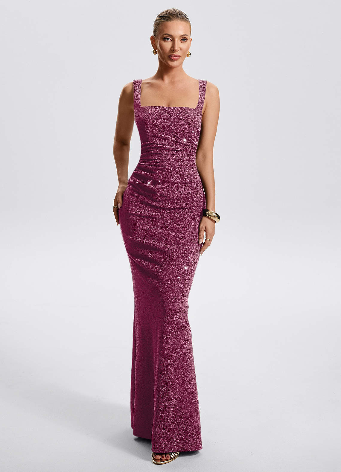 Eira Sheath Square-Neck Metallic Knit Evening Dress in Dark Navy