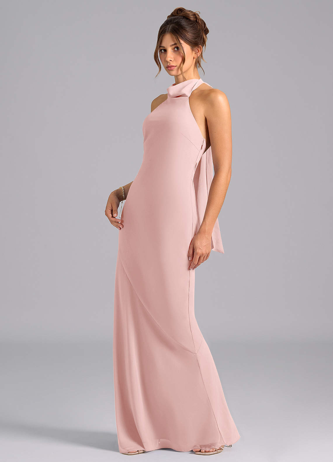 Velli Mermaid Halter Chiffon Bridesmaid Dress in Powder Pink