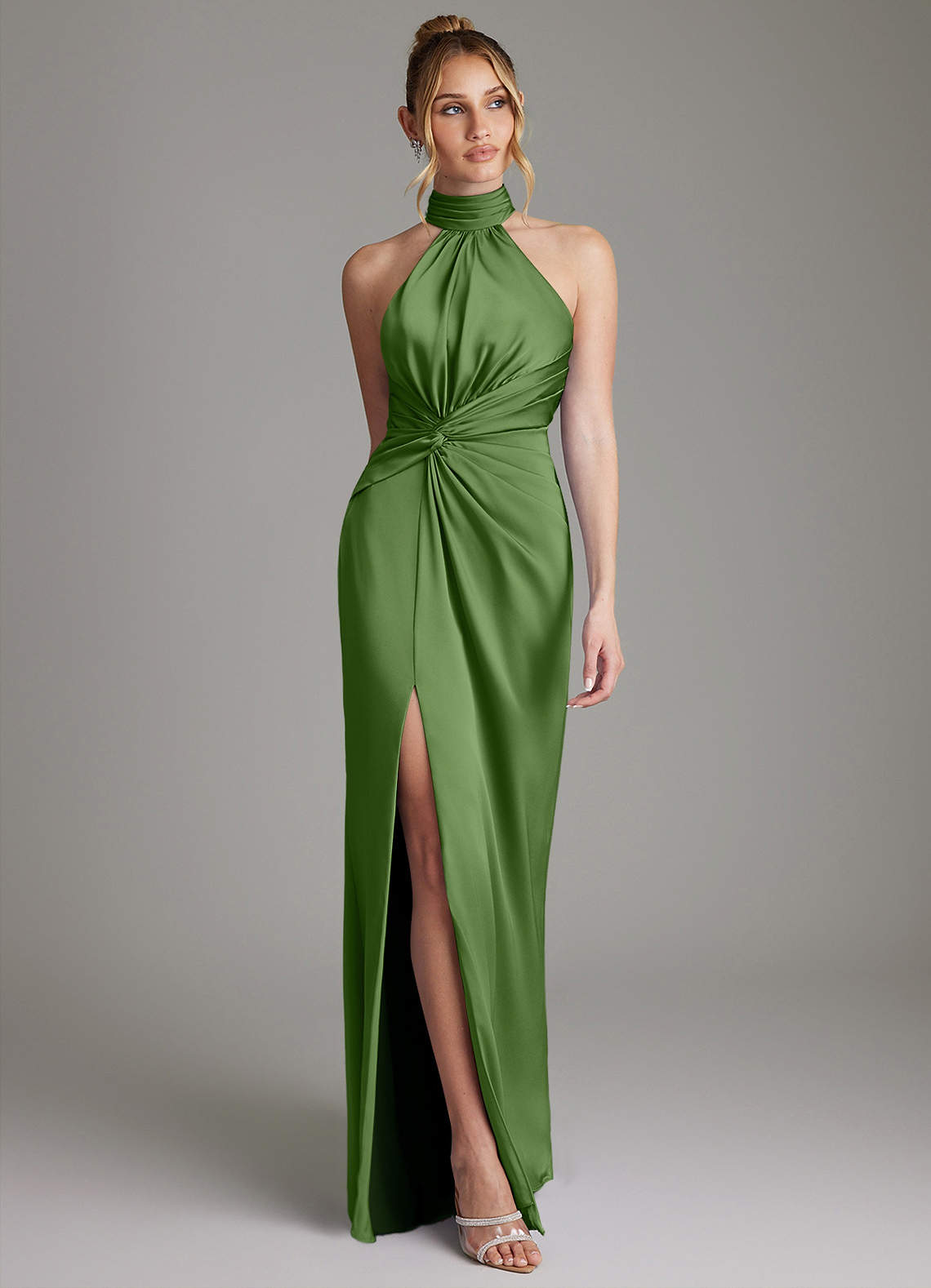 Gracelynn Sheath Halter Stretch Satin Bridesmaid Dress in Basil