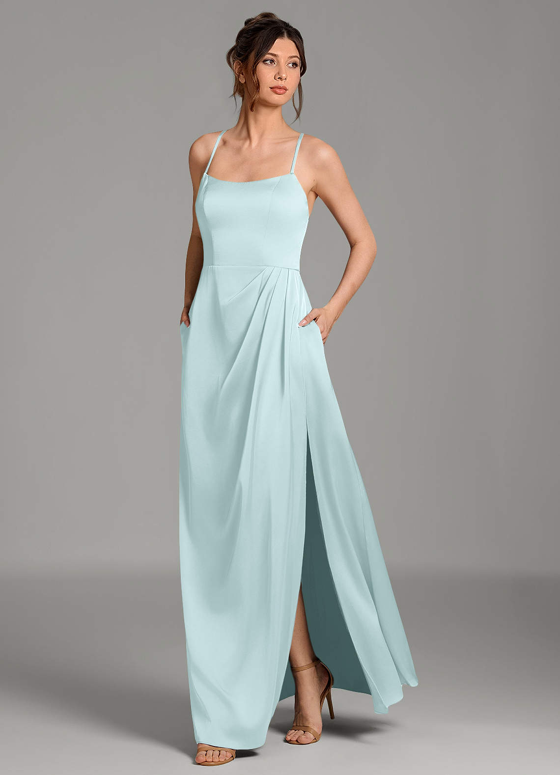 Frankie A-Line Scoop-Neck Stretch Satin Bridesmaid Dress in Sea Glass