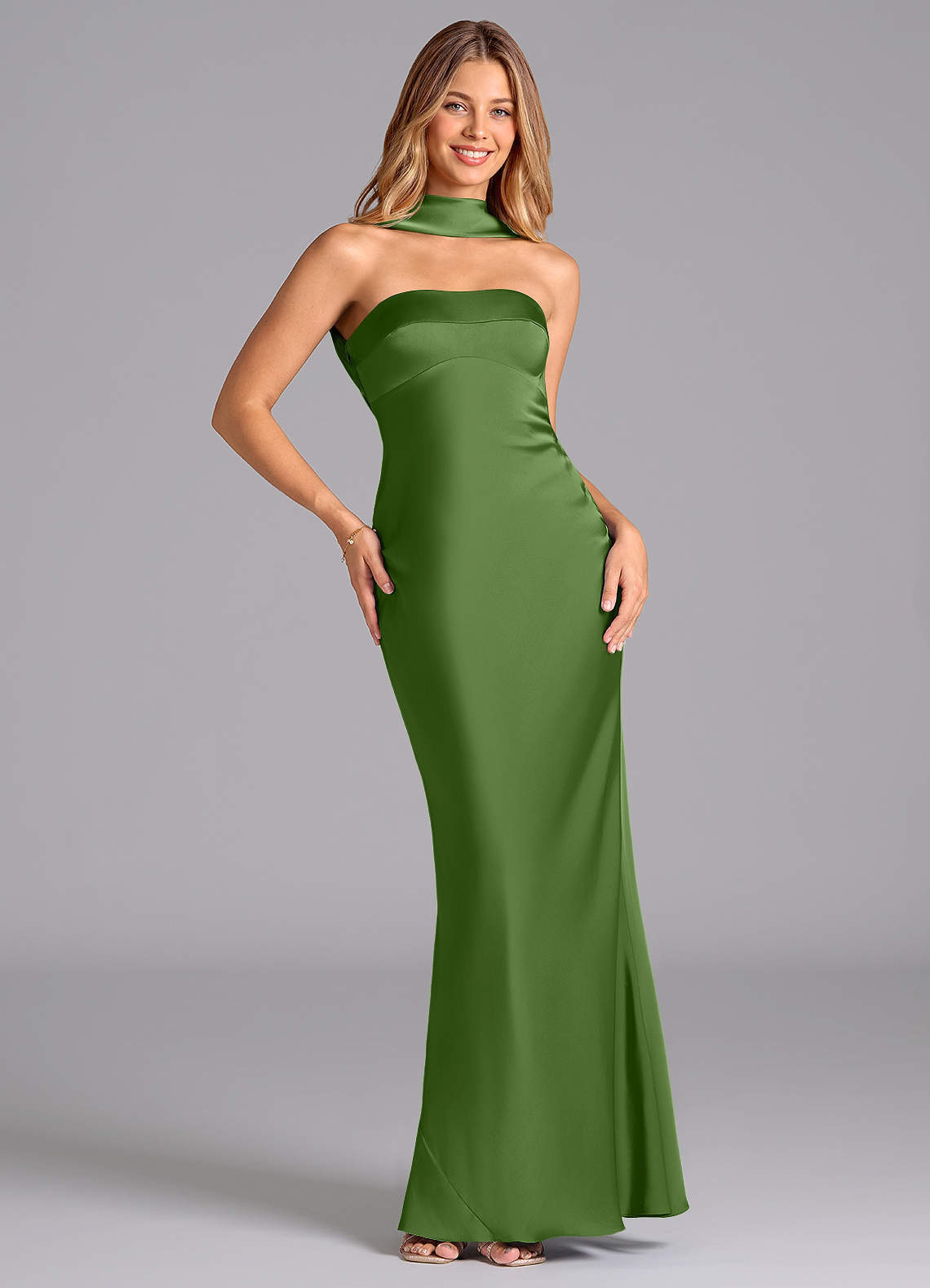 Lusinda Mermaid Strapless Stretch Satin Bridesmaid Dress in Basil