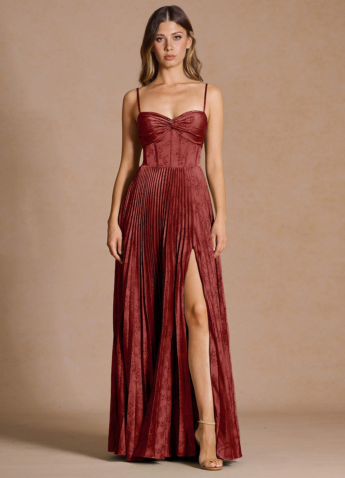 Vesper Pleated Knot-Neck Jacquard Wedding Guest Dress in Moss Navy