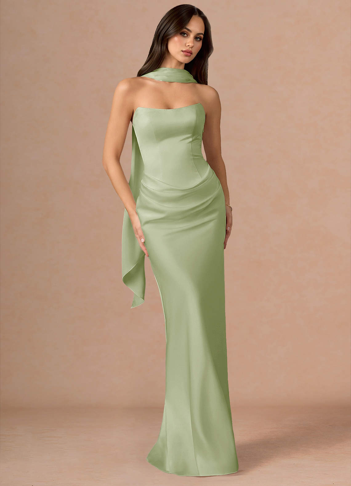 Valencia Scarf Lace-Up Stretch Satin Evening Dress in Light Green