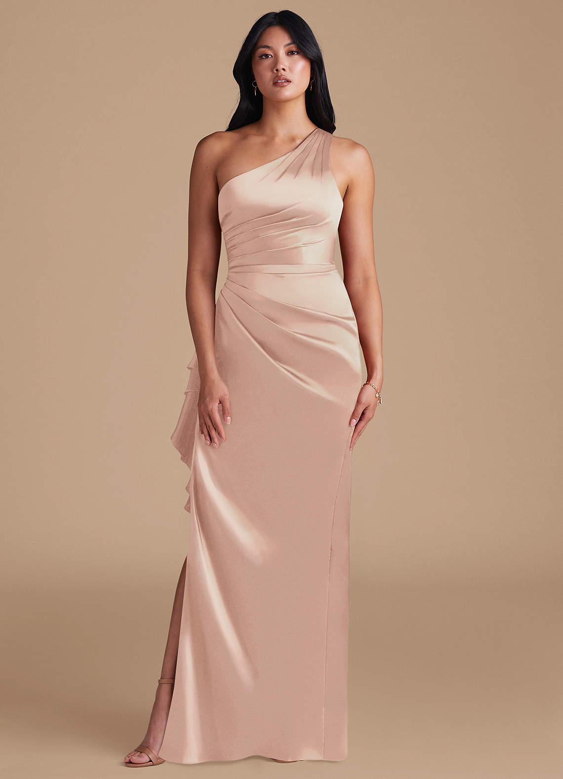 Latrice Sheath One-Shoulder Metallic Satin Bridesmaid Dress in English Rose