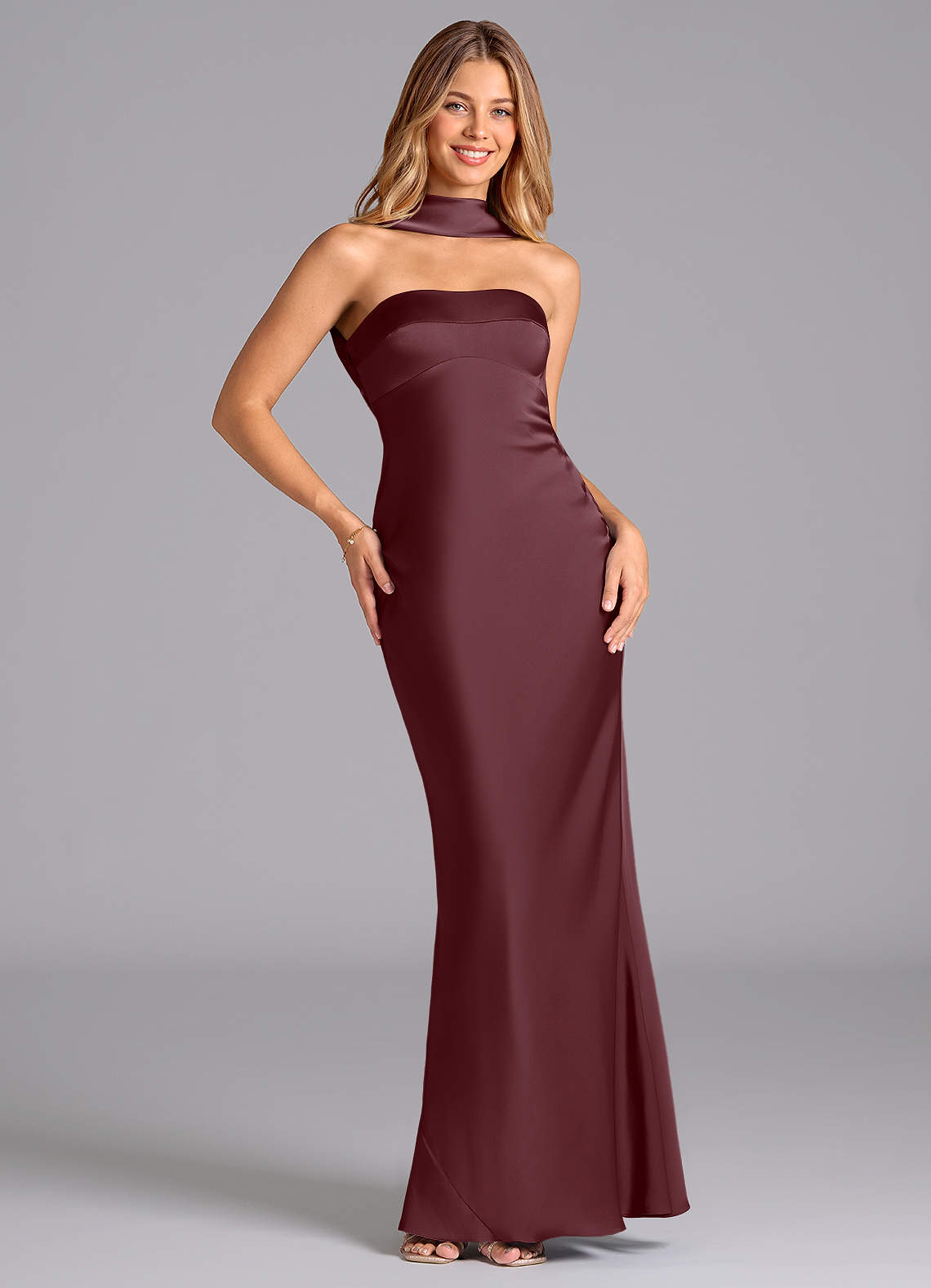 Lusinda Mermaid Strapless Stretch Satin Bridesmaid Dress in Sangria