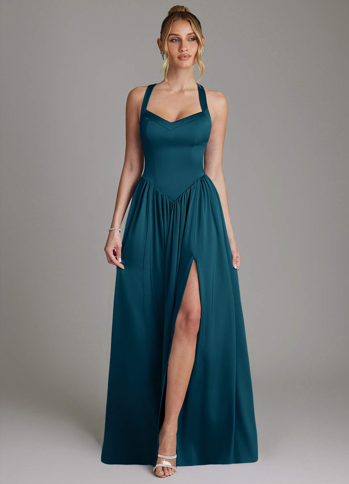 Francis A-Line V-Neck Stretch Satin Bridesmaid Dress in Ink Blue