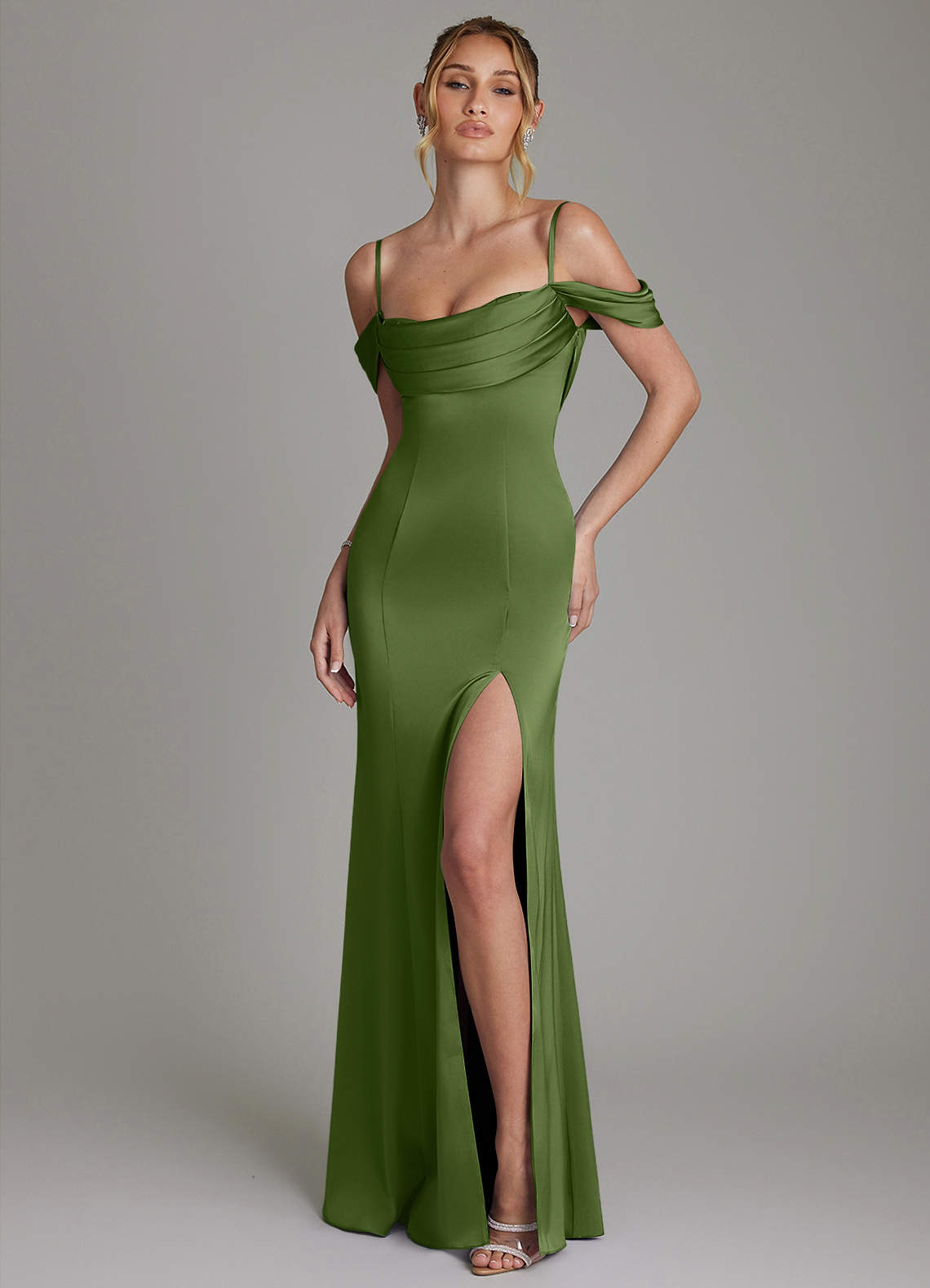Nira Mermaid Sweetheart Stretch Satin Bridesmaid Dress in Juniper