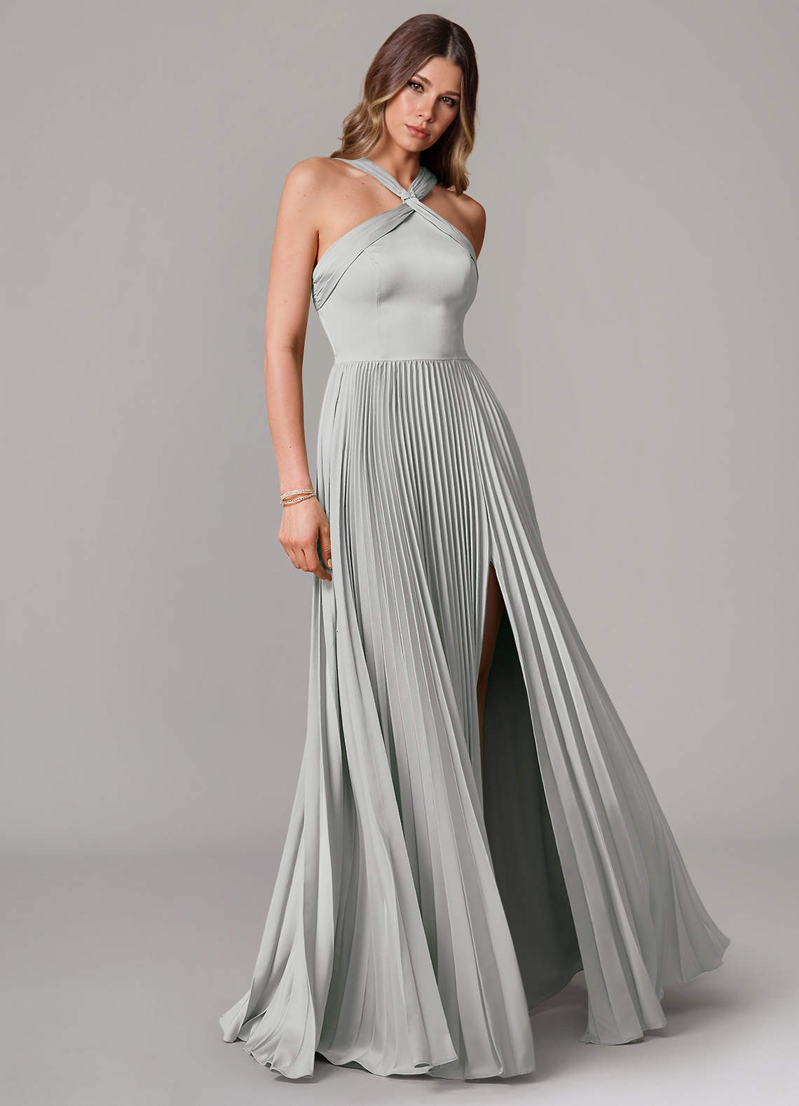Afra A-Line Halter-Neck Stretch Satin Bridesmaid Dress in Silver