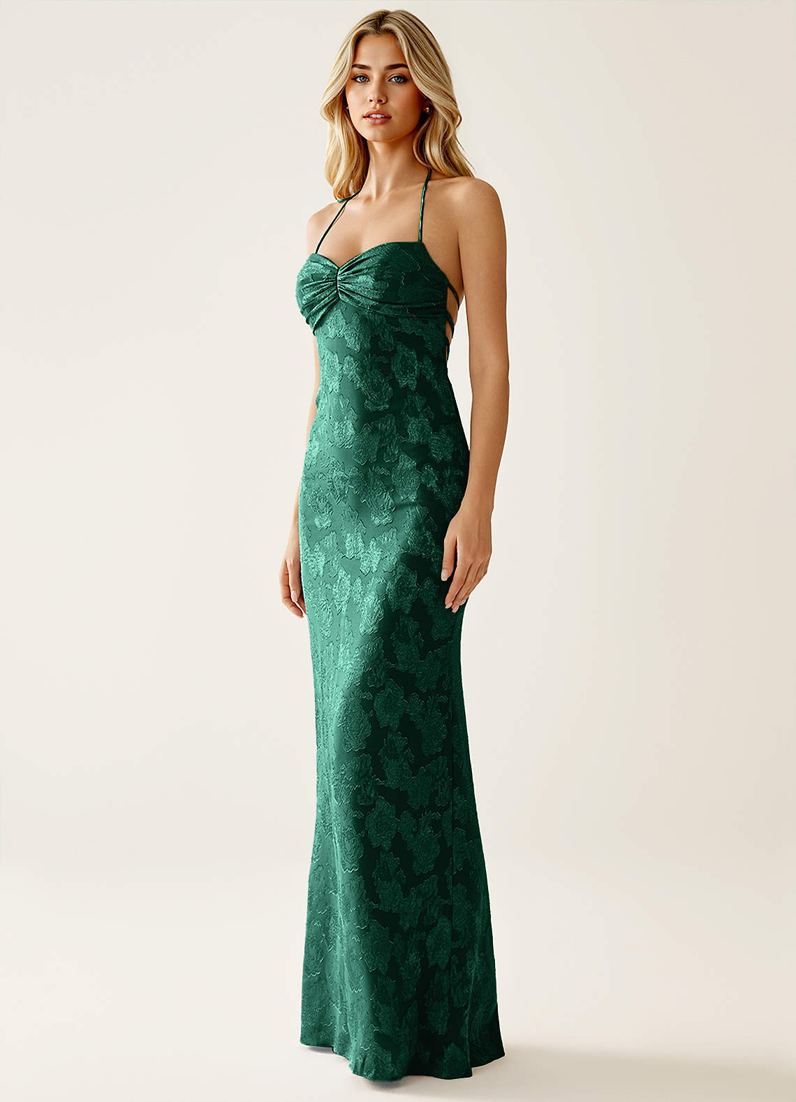 Angena Sheath Halter Floral Burnout Evening Dress in Hunter Green