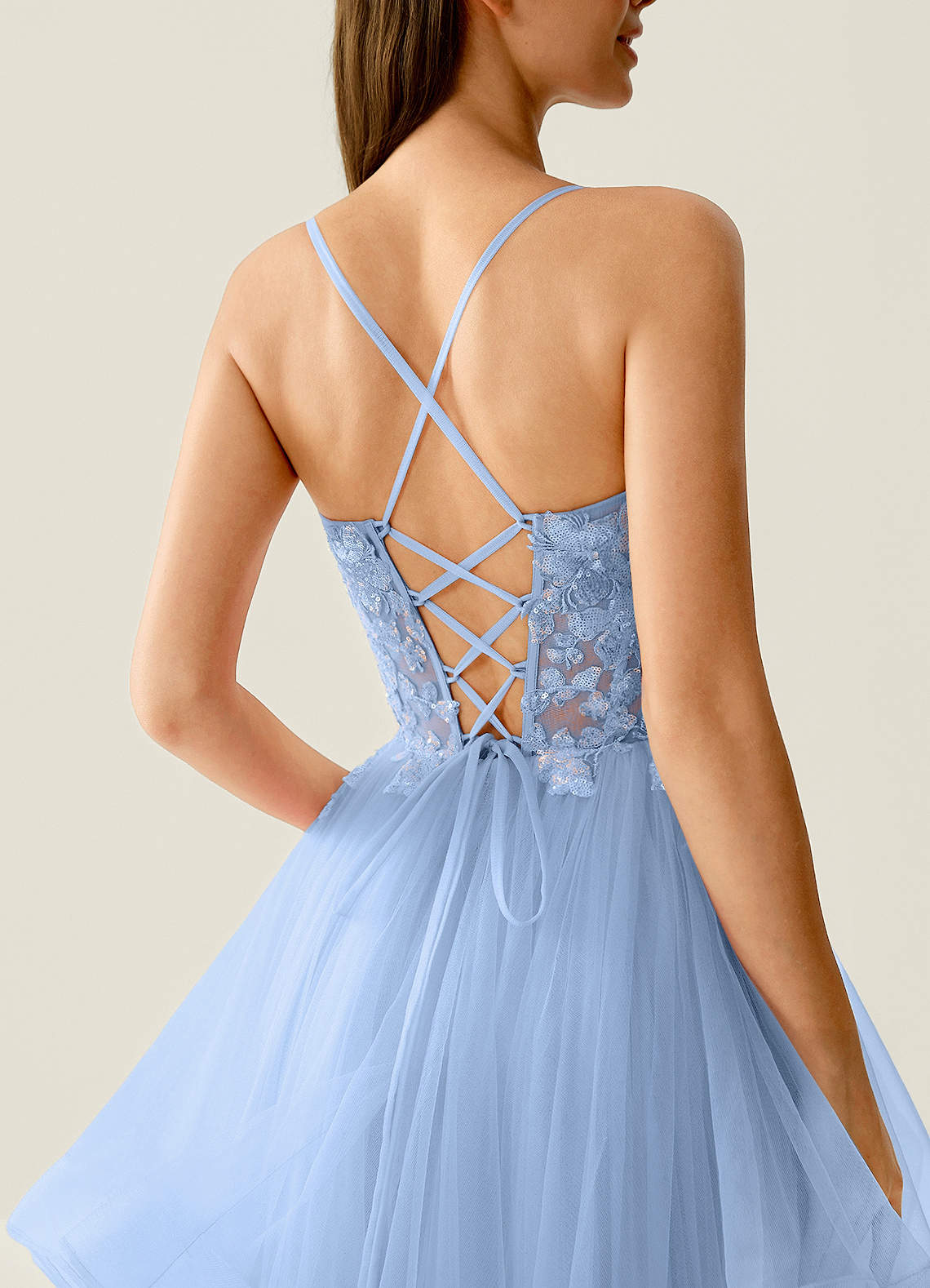 Mosaic A-Line V-Neck Tulle Evening Dress in Blue