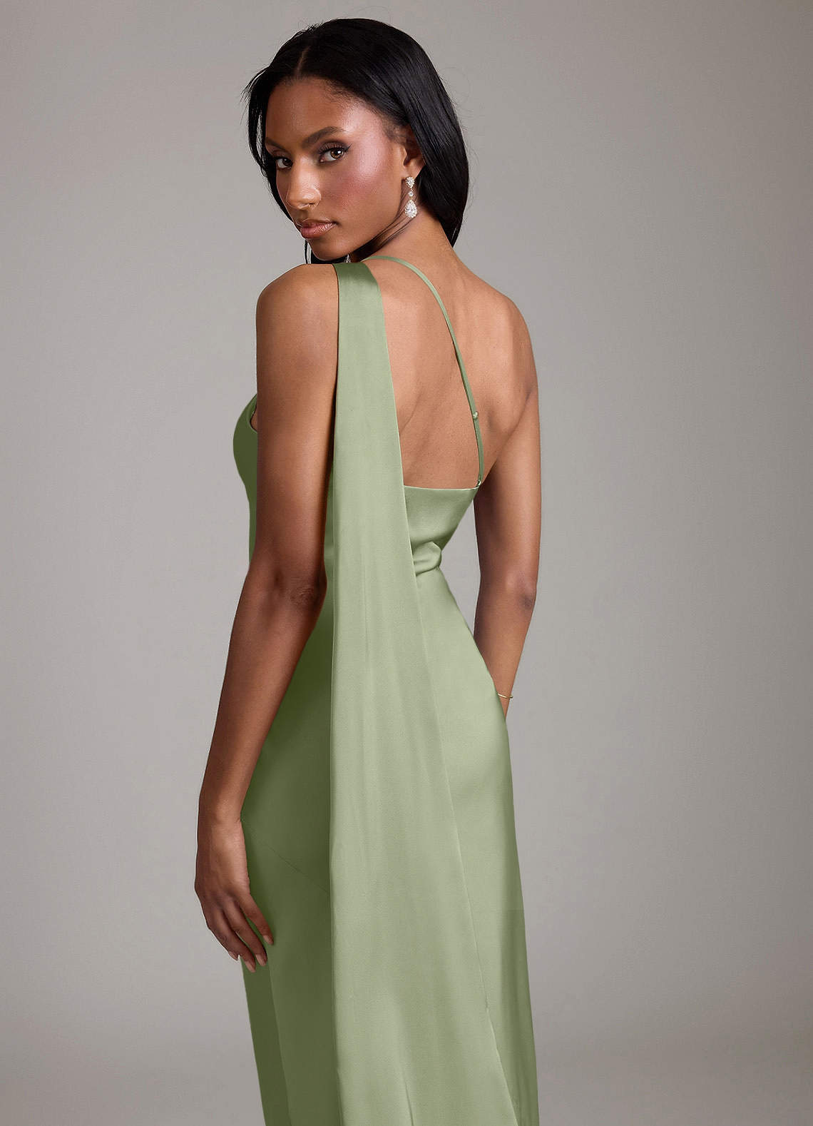 Juniper Mermaid One-Shoulder Stretch Satin Bridesmaid Dress in Pistachio