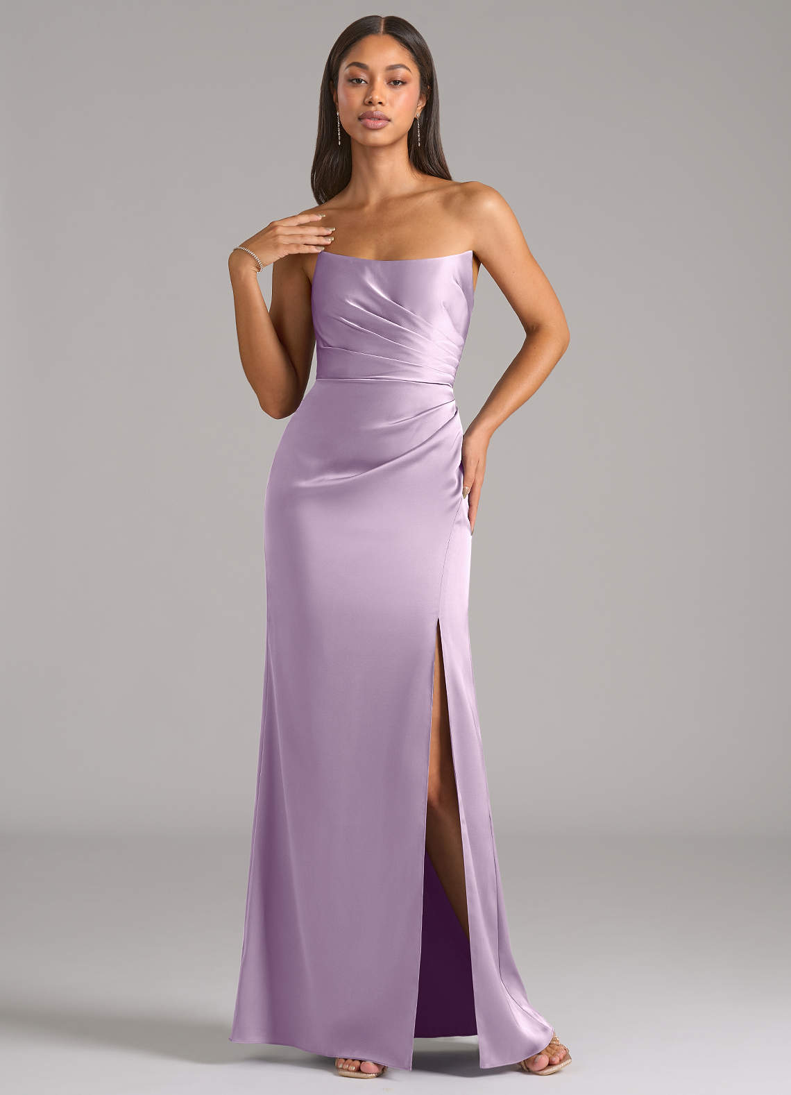 Marla Sheath Strapless Stretch Satin Bridesmaid Dress in Frosted Lilac