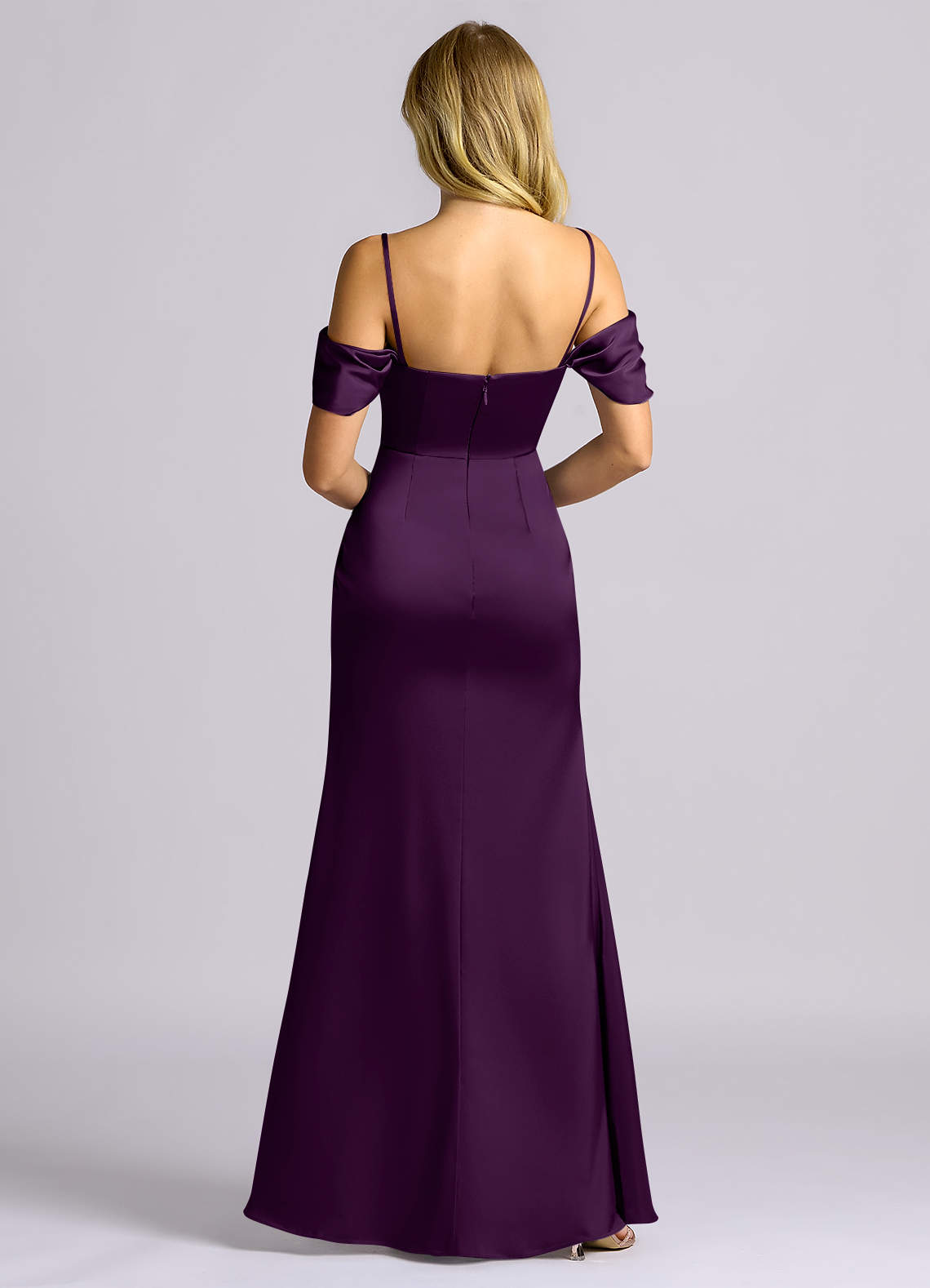 Auden Sheath Off-the-Shoulder Stretch Satin Bridesmaid Dress in Grape