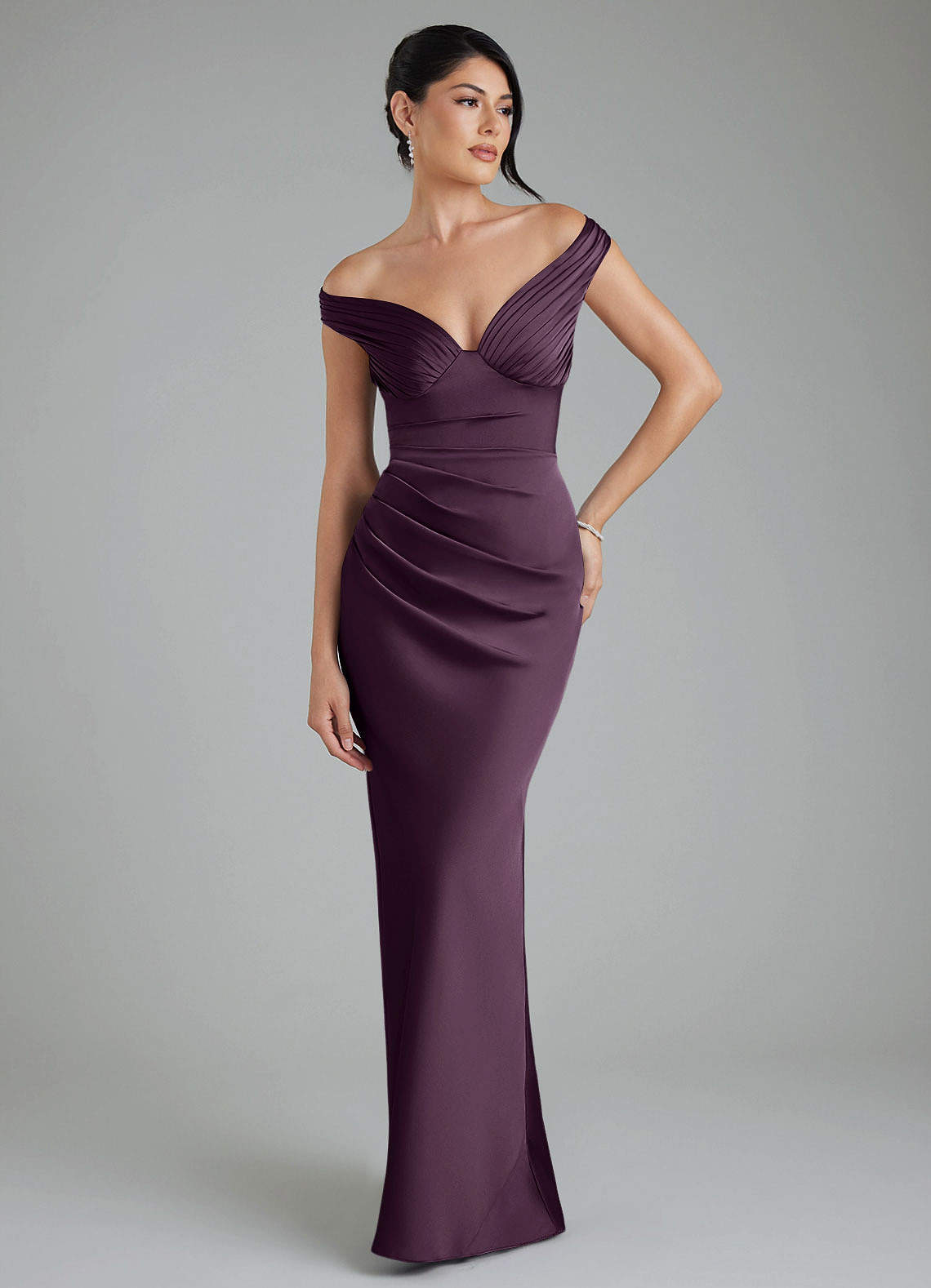 Stella Sheath V-Neck Stretch Satin Bridesmaid Dress in Plum
