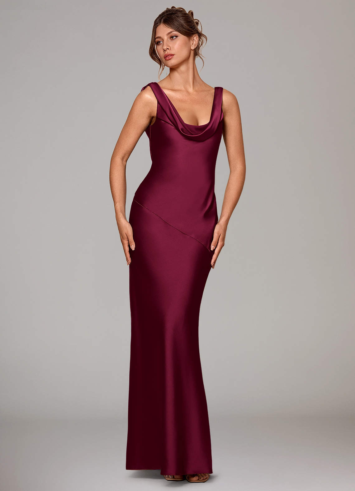 Rylina Mermaid Cowl-Neck Stretch Satin Bridesmaid Dress in Burgundy