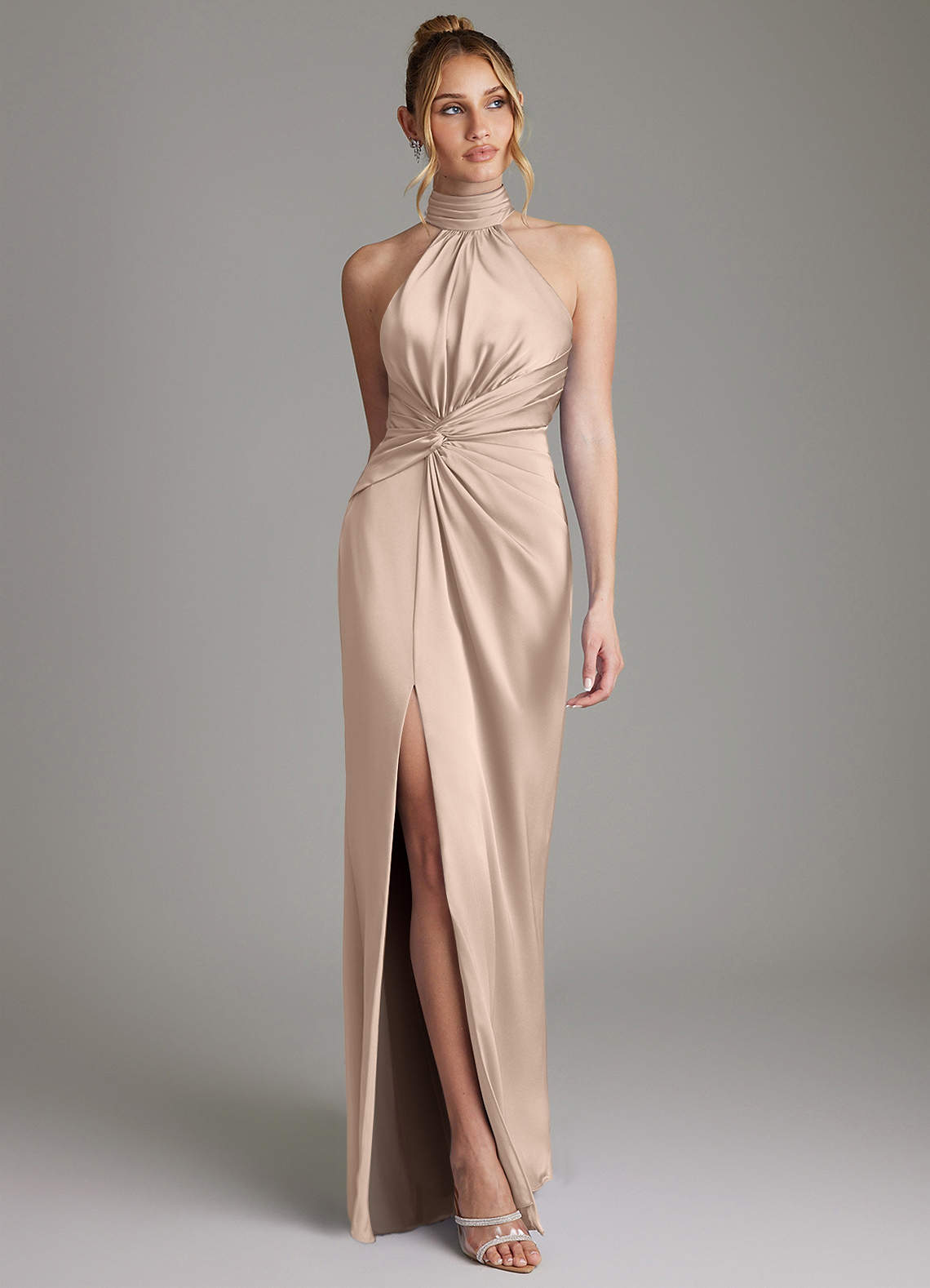 Gracelynn Sheath Halter Stretch Satin Bridesmaid Dress in English Rose