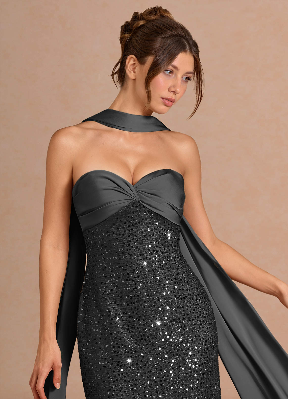 Serelle A-Line Sweetheart Sequin Satin Evening Dress in black