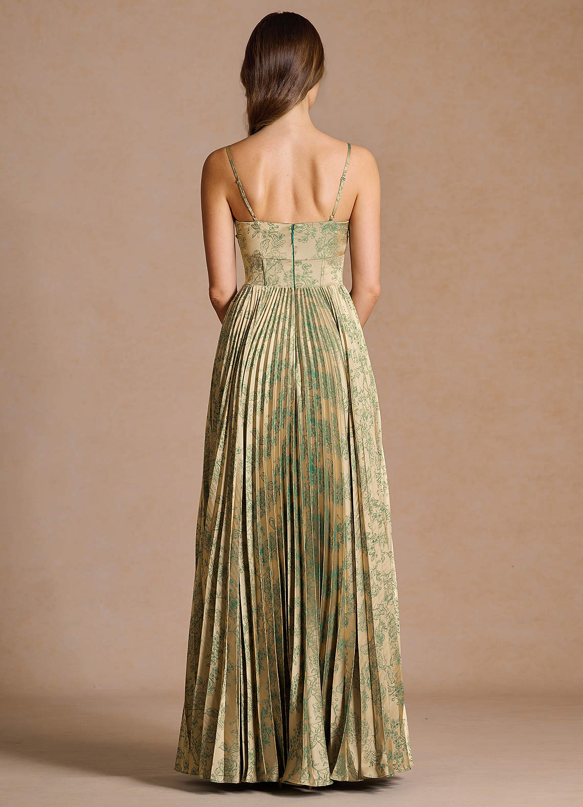 Vesper Pleated Knot-Neck Jacquard Wedding Guest Dress in Green Brown