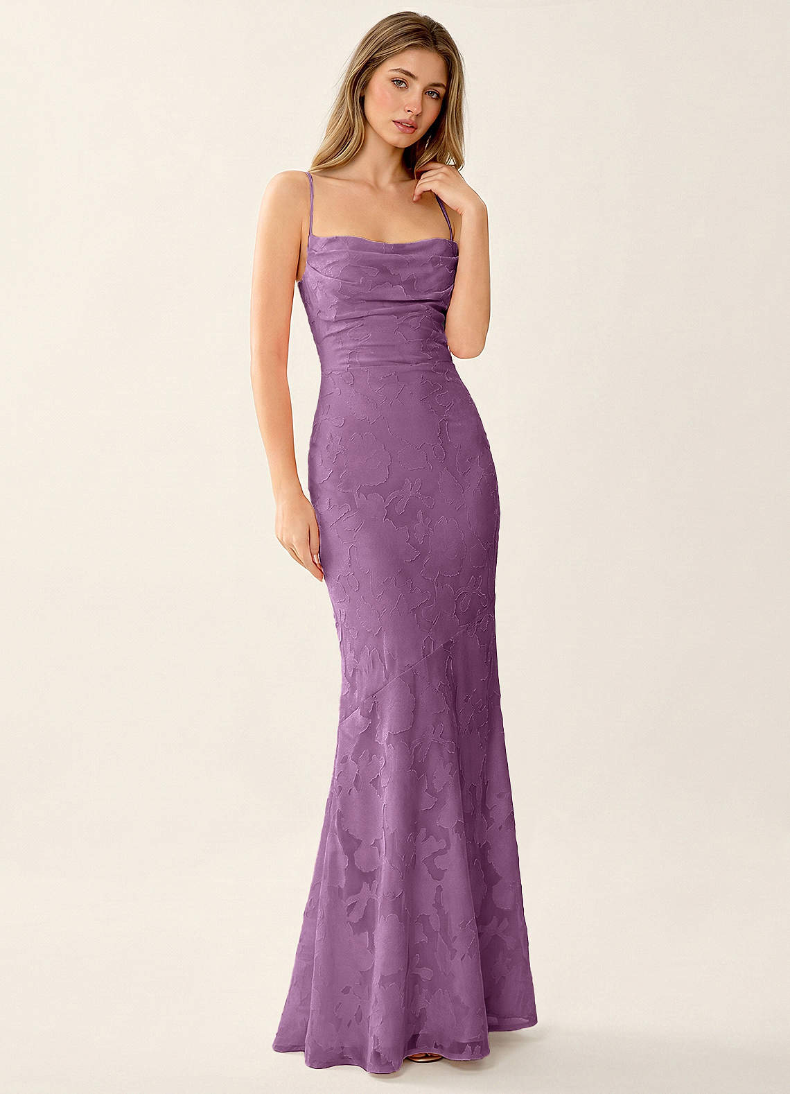 Natasha Mermaid Spaghetti-Strap Floral Burnout Evening Dress in Burgundy