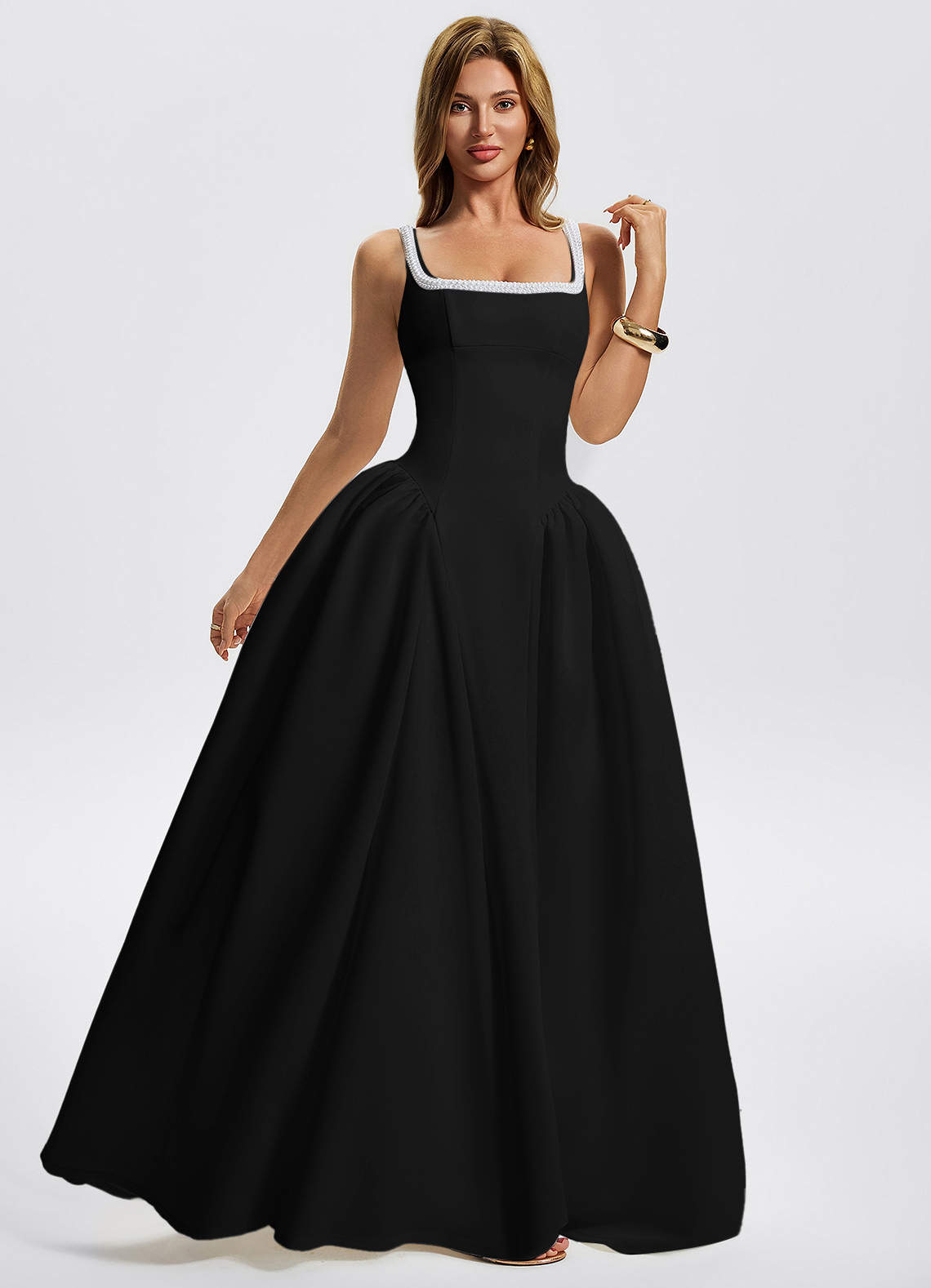 Kaelin A-Line Square-Neck Stretch Knit Evening Dress in Black