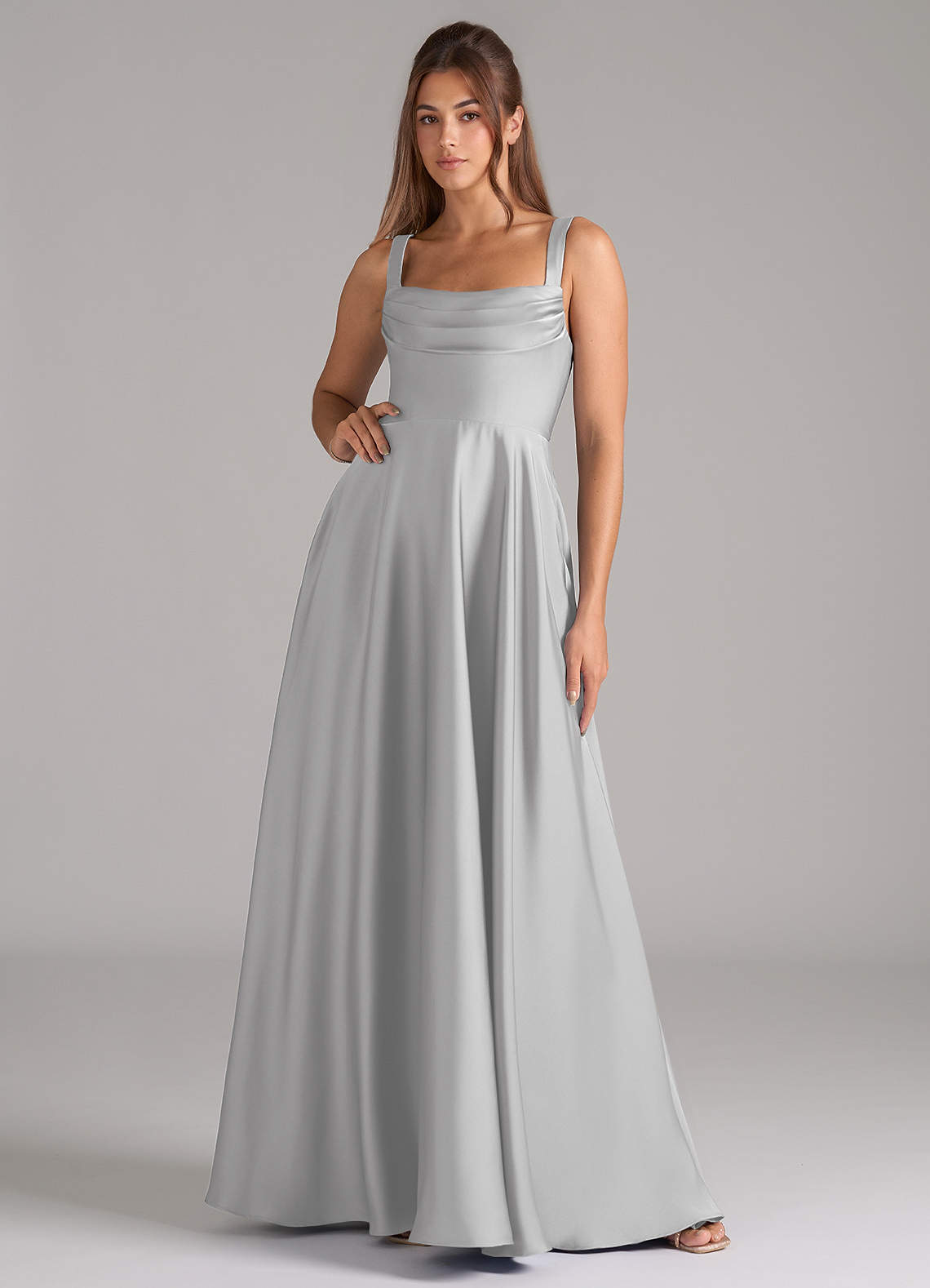 Shaude A-Line Square-Neck Stretch Satin Bridesmaid Dress in Silver