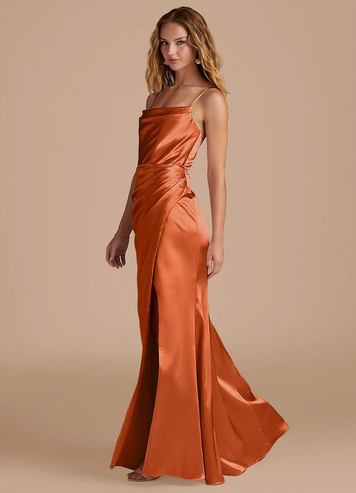 Marzia Mermaid Square-Neck Metallic Satin Bridesmaid Dress in Burnt Orange