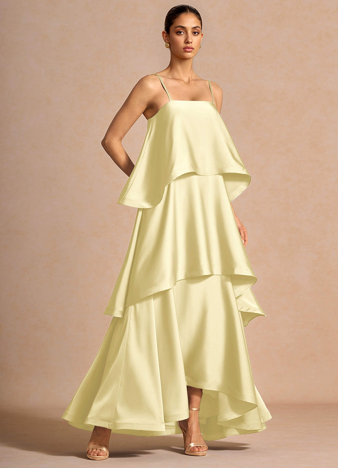 Itasca A-Line Tiered Stretch Satin Wedding Guest Dress in Lemon Green