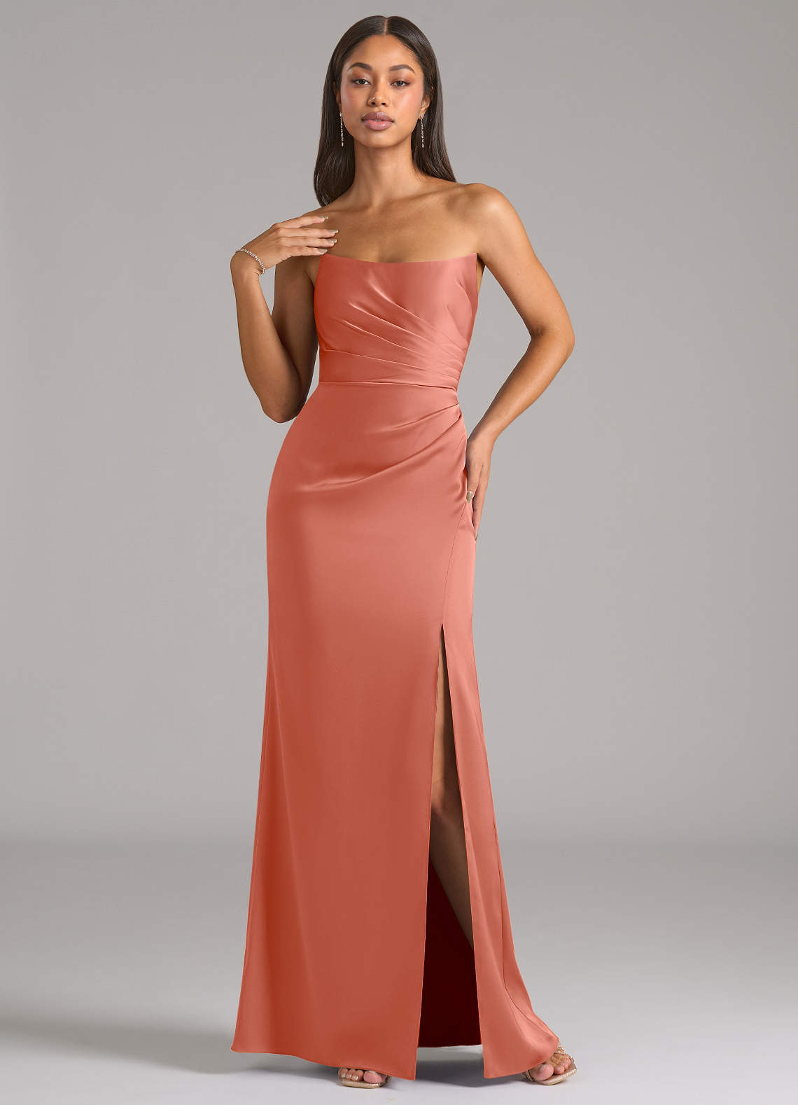 Marla Sheath Strapless Stretch Satin Bridesmaid Dress in Salmon Pink