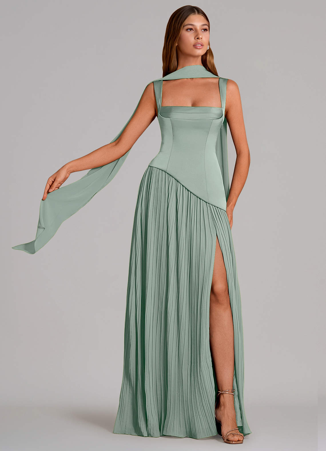 Stephanie A-Line Square-Neck Stretch Satin and Chiffon Bridesmaid Dress in Agave
