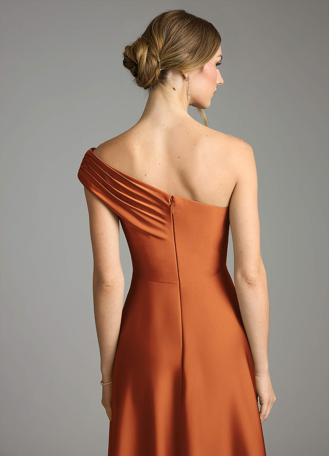 Melanie A-Line One-Shoulder Stretch Satin Bridesmaid Dress in Cinnamon