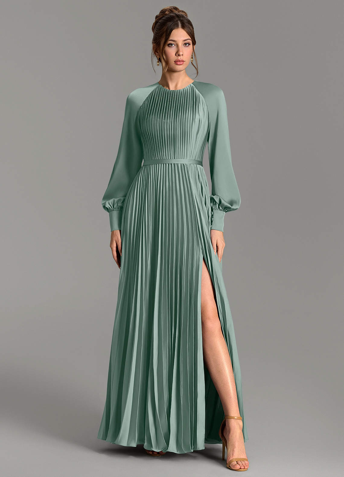 Grayson A-Line Scoop-Neck Stretch Satin Bridesmaid Dress in Silver Sage
