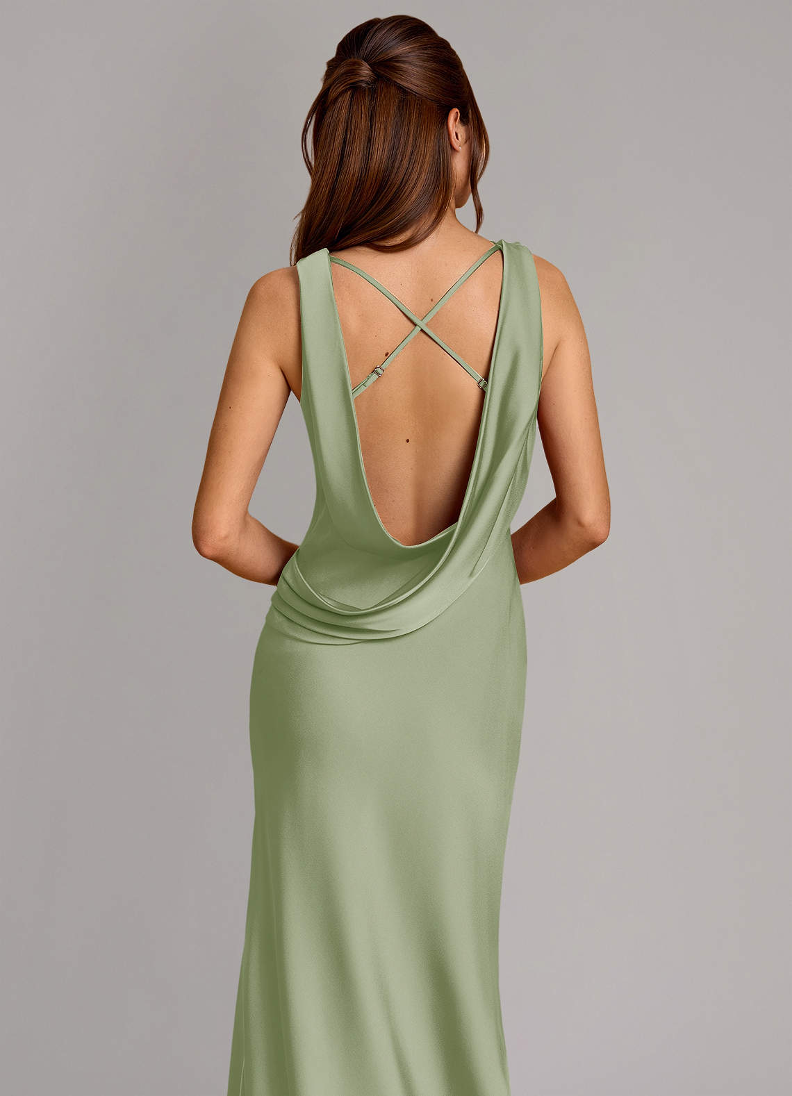 Cheryl Mermaid Cowl-Neck Stretch Satin Bridesmaid Dress in Dusty Sage