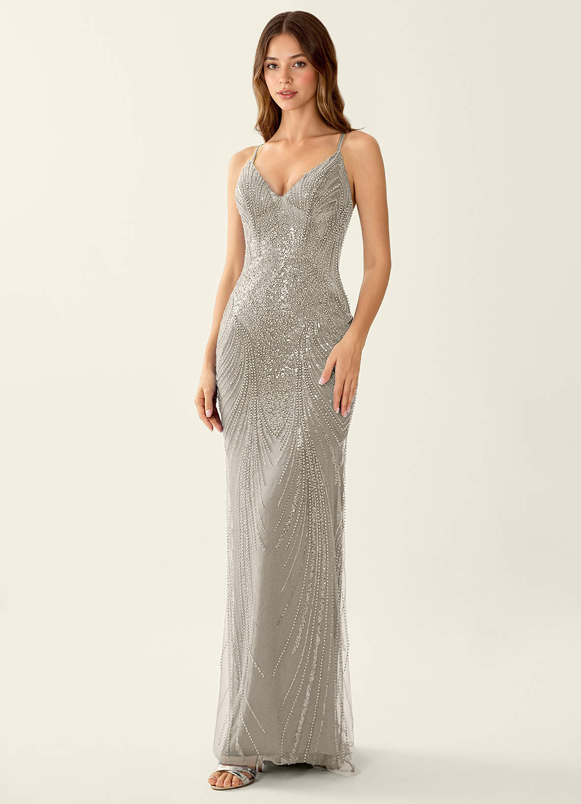 Magnolia Mermaid Beaded Sequined Stretch Mesh Evening Dress in Silver