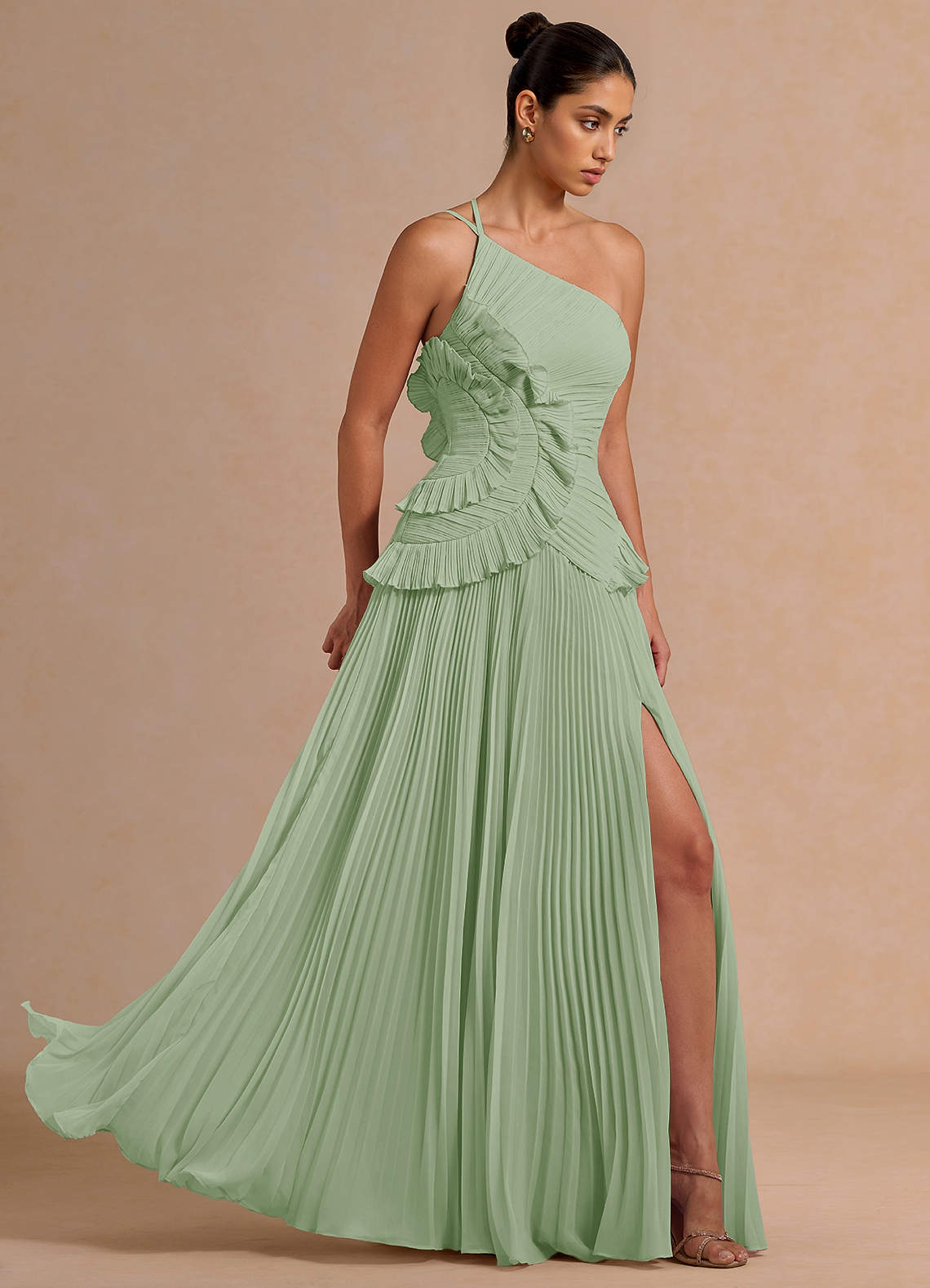 Melody A-Line One-Shoulder Chiffon Evening Dress in Herb Green