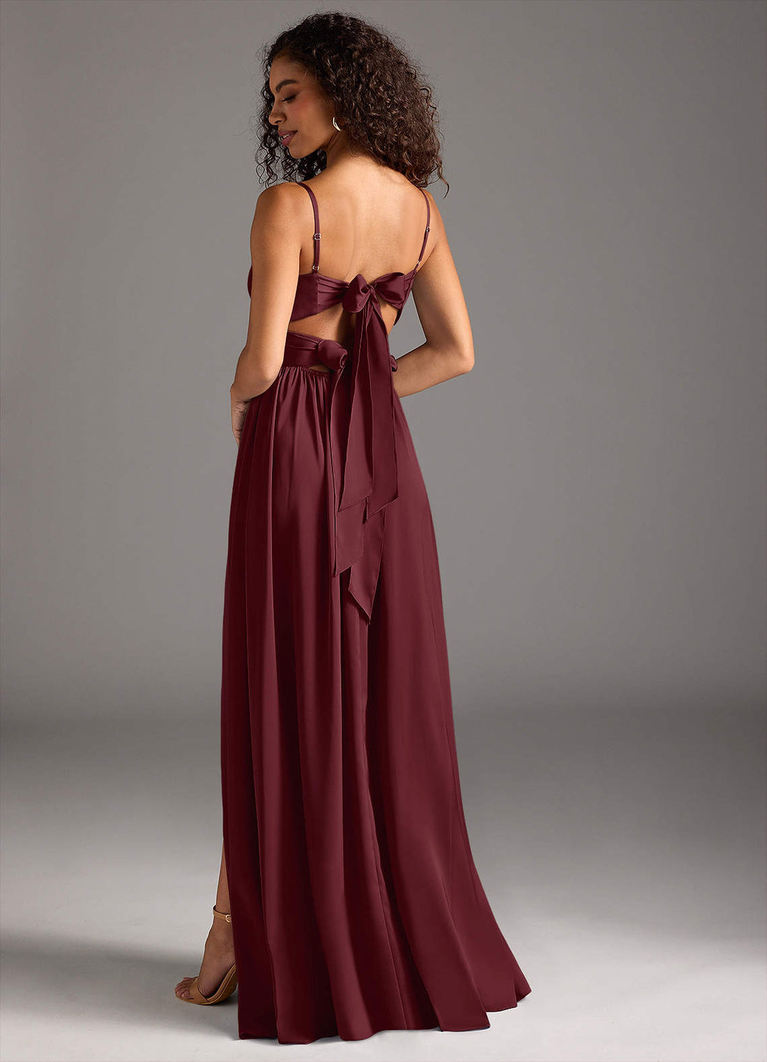 Zeya A-Line V-Neck Stretch Satin Bridesmaid Dress in Cabernet