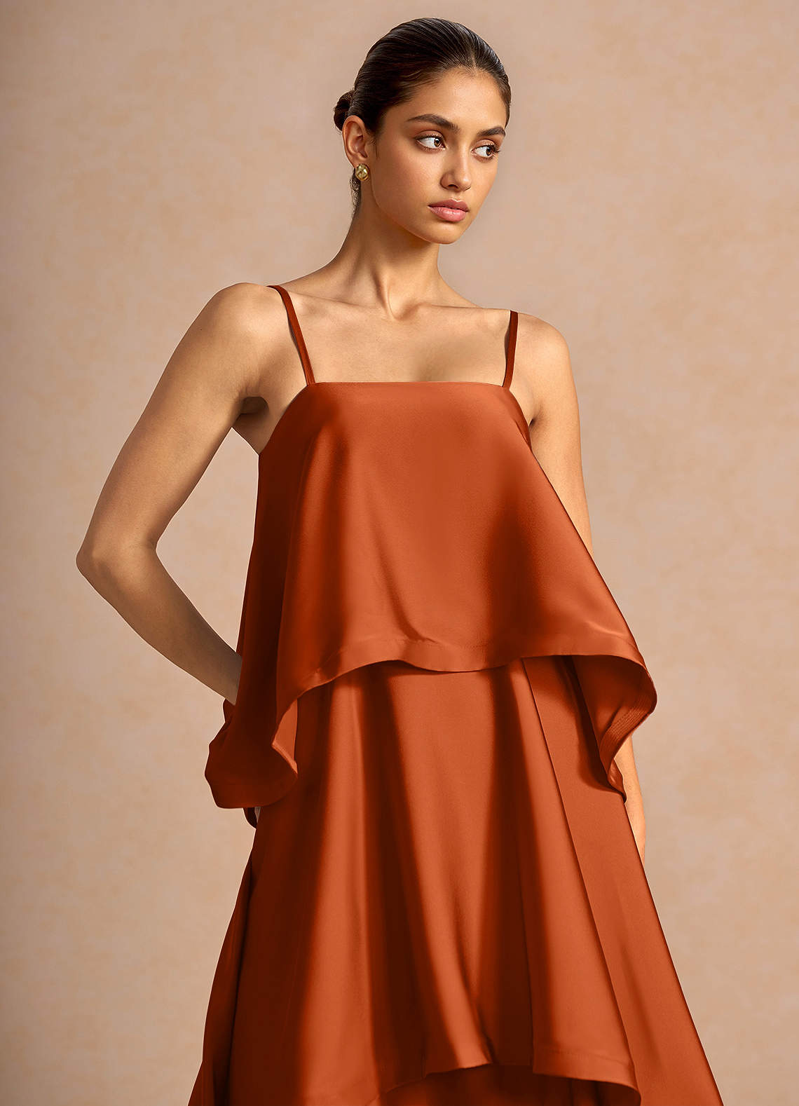Itasca A-Line Tiered Stretch Satin Wedding Guest Dress in Rust