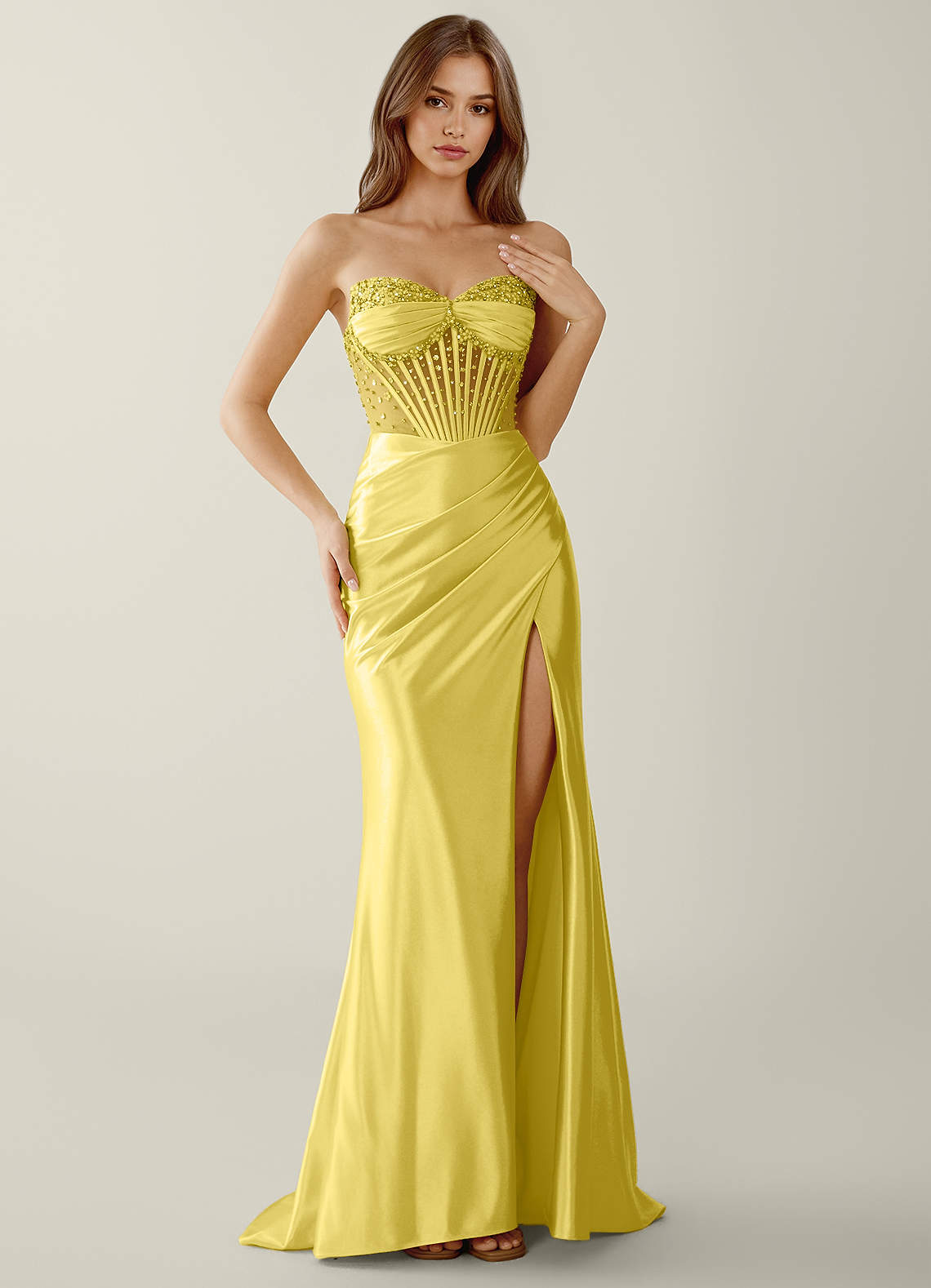 Willa Mermaid Strapless Sequined Satin Evening Dress in Lemon Sorbet