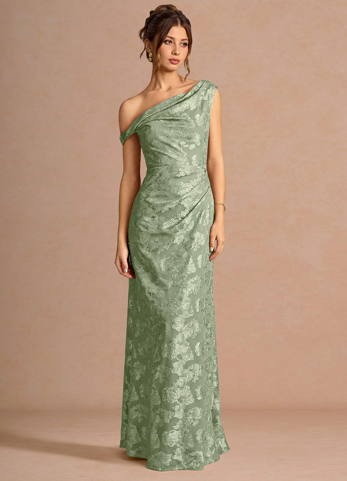 Kismet Mermaid One-Shoulder Fil Coupé Wedding Guest Dress in Light Green