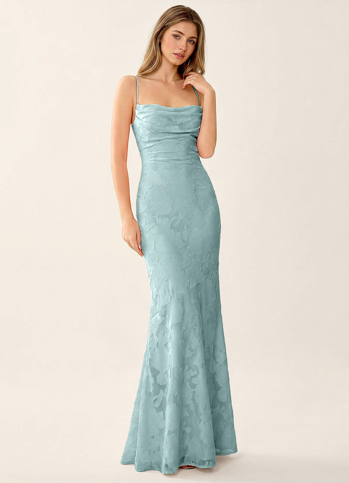 Natasha Mermaid Spaghetti-Strap Floral Burnout Evening Dress in Burgundy