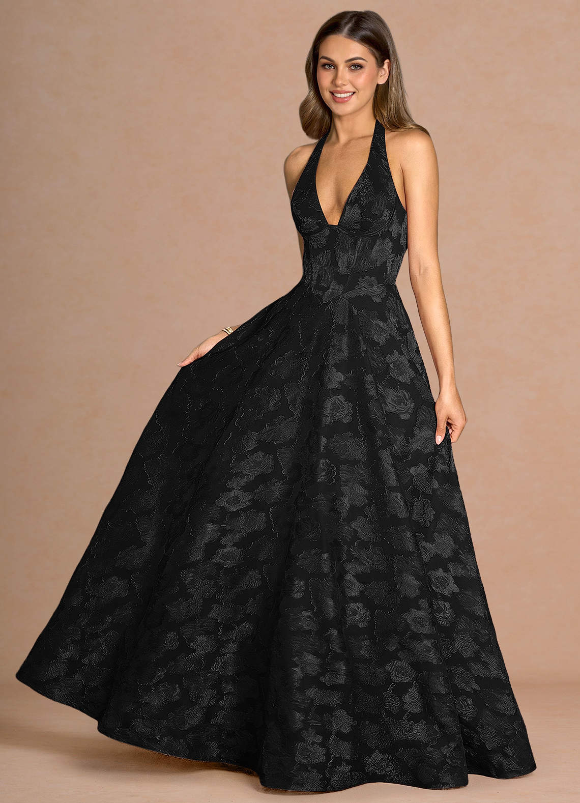 Isabeau A-Line V-Neck Fil Coupé Evening Dress in Lemon Sorbet