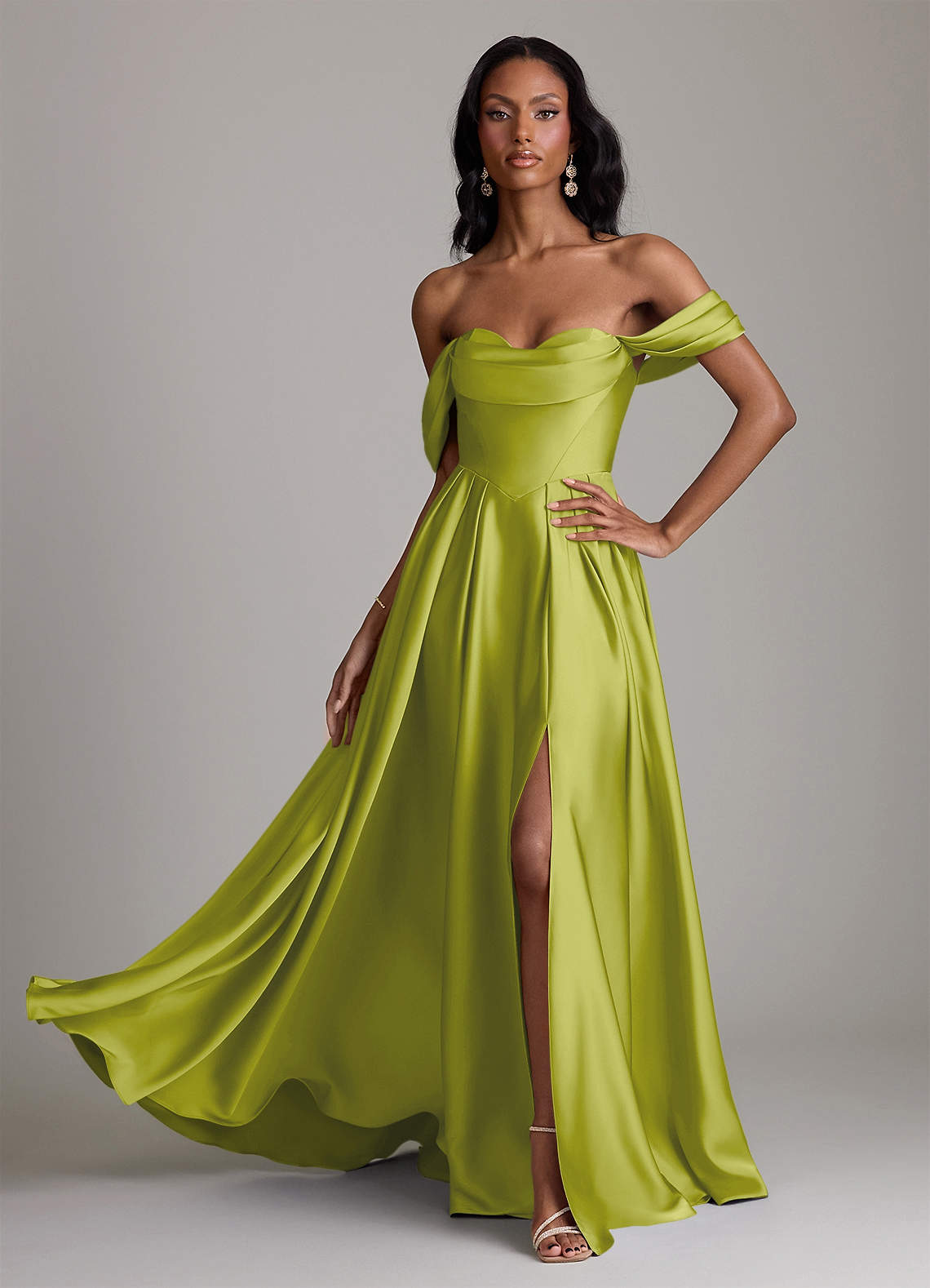 Loisa A-Line Off-the-Shoulder Stretch Satin Bridesmaid Dress in Lemongrass