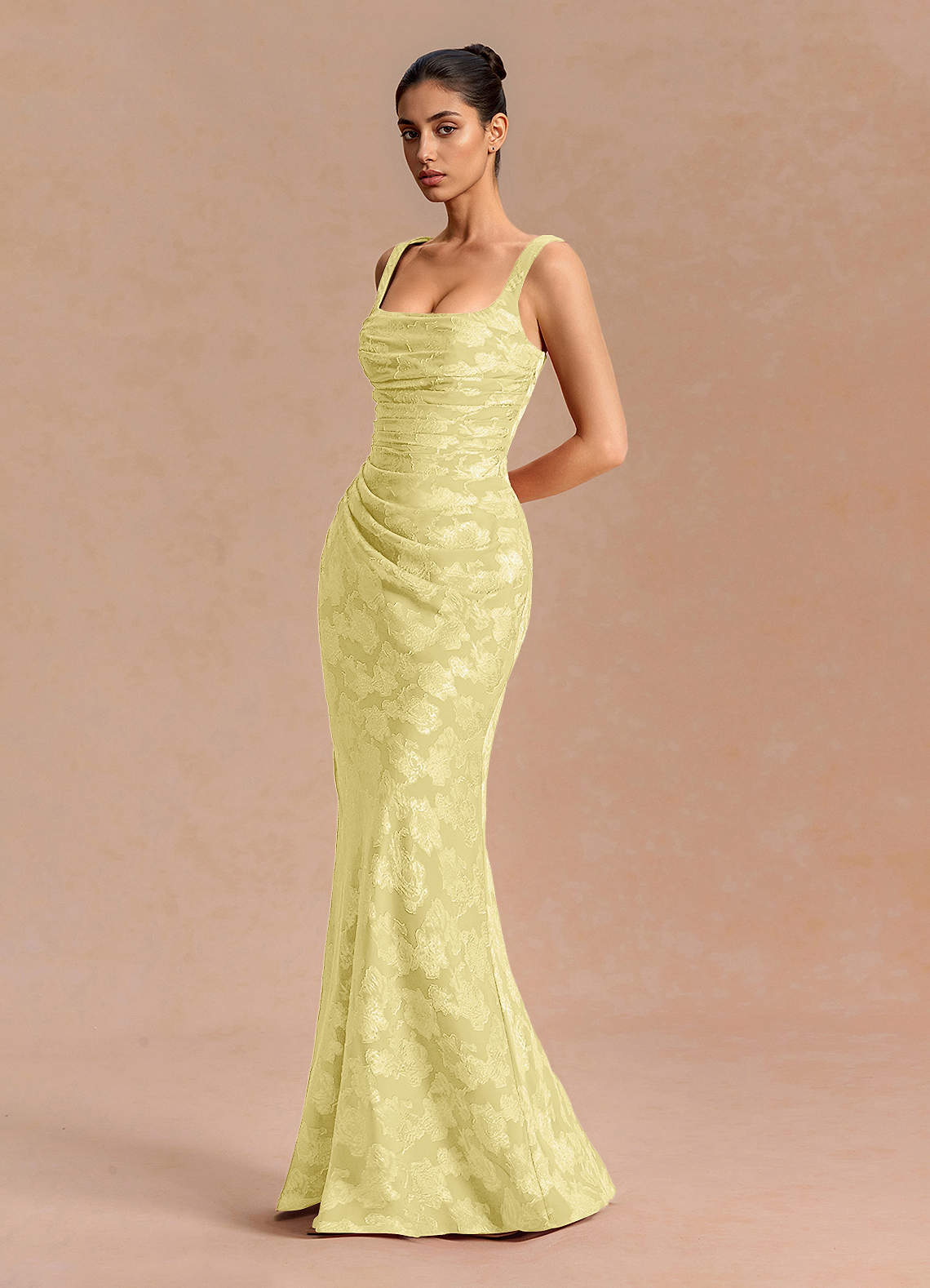 Agustina Square-Neck Pleated Fil Coupé Evening Dress in Lemon Sorbet