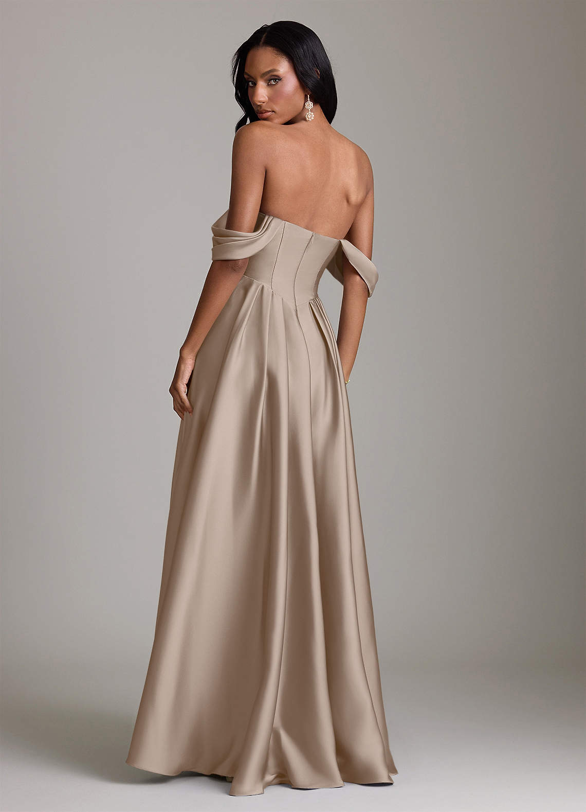 Loisa A-Line Off-the-Shoulder Stretch Satin Bridesmaid Dress in Taupe