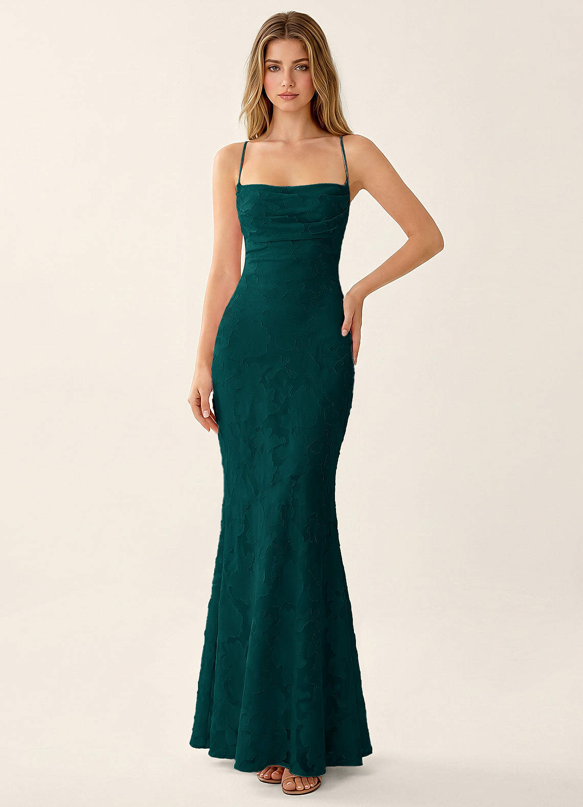Natasha Mermaid Spaghetti-Strap Floral Burnout Evening Dress in Forest Green