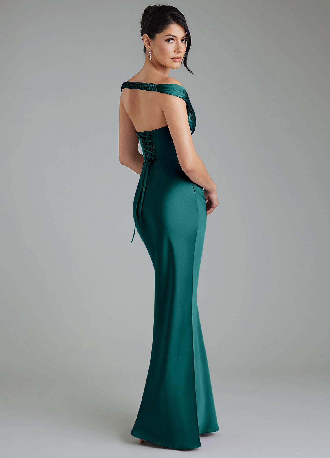 Stella Sheath V-Neck Stretch Satin Bridesmaid Dress in Peacock
