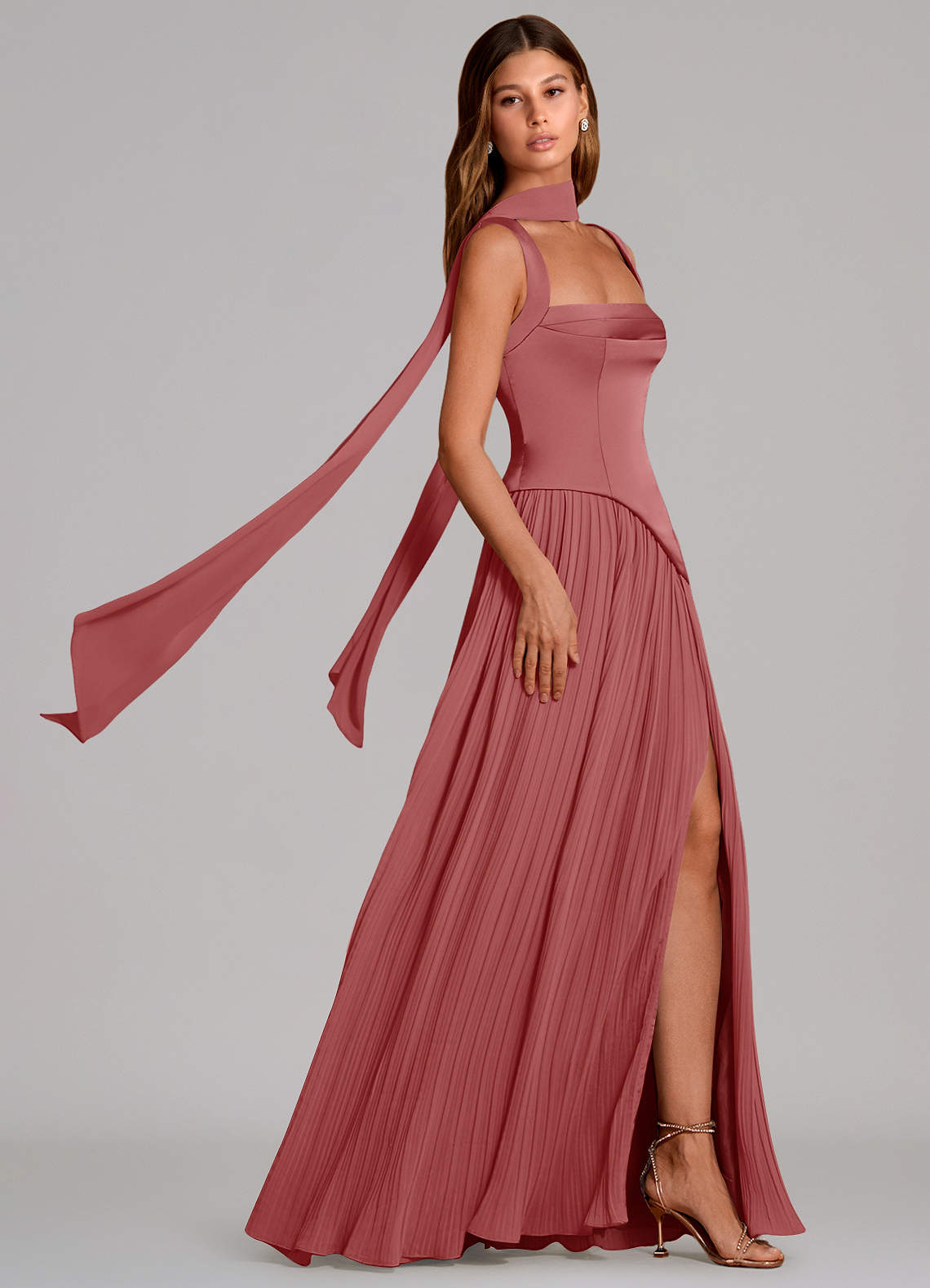 Stephanie A-Line Square-Neck Stretch Satin and Chiffon Bridesmaid Dress in Antique Rose