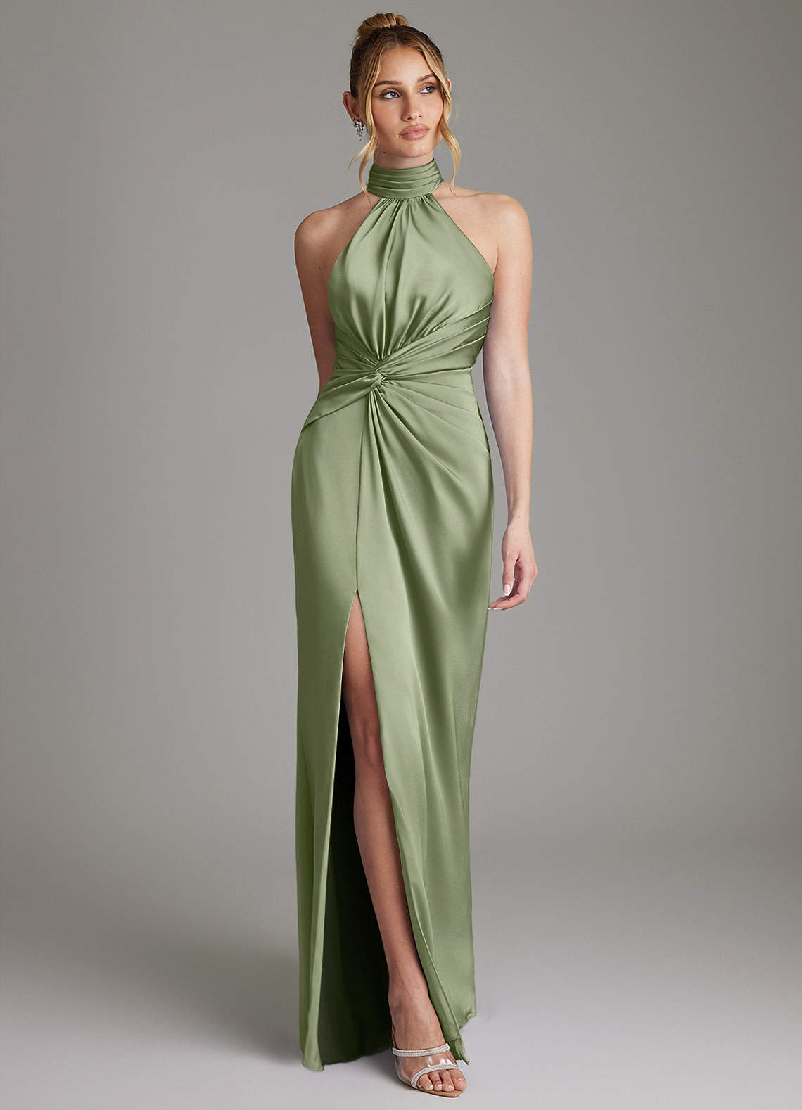 Gracelynn Sheath Halter Stretch Satin Bridesmaid Dress in Pistachio